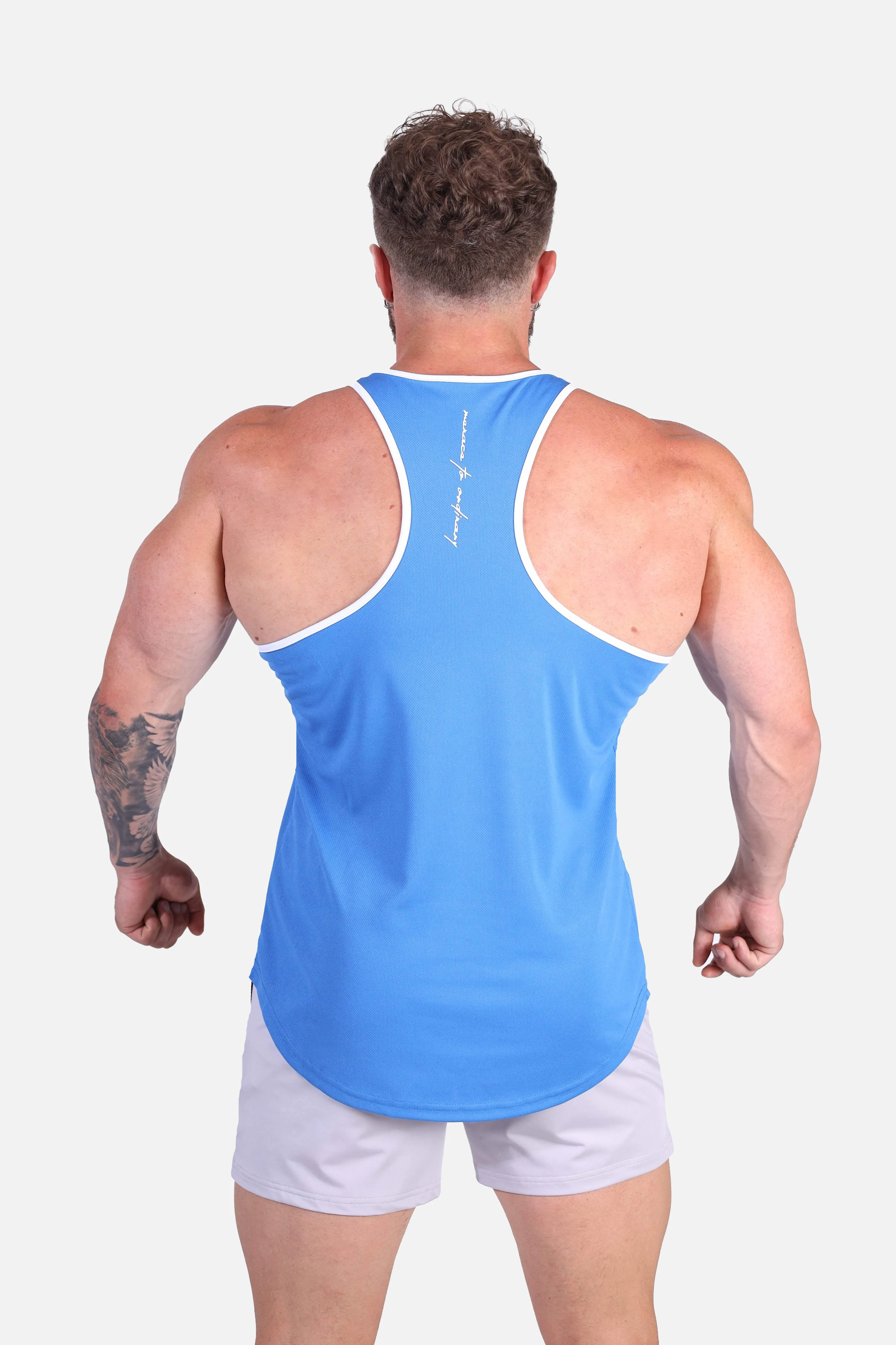 Fast-Dry Bodybuilding Workout Stringer - Blue with White Quick Wash suitable for drivers