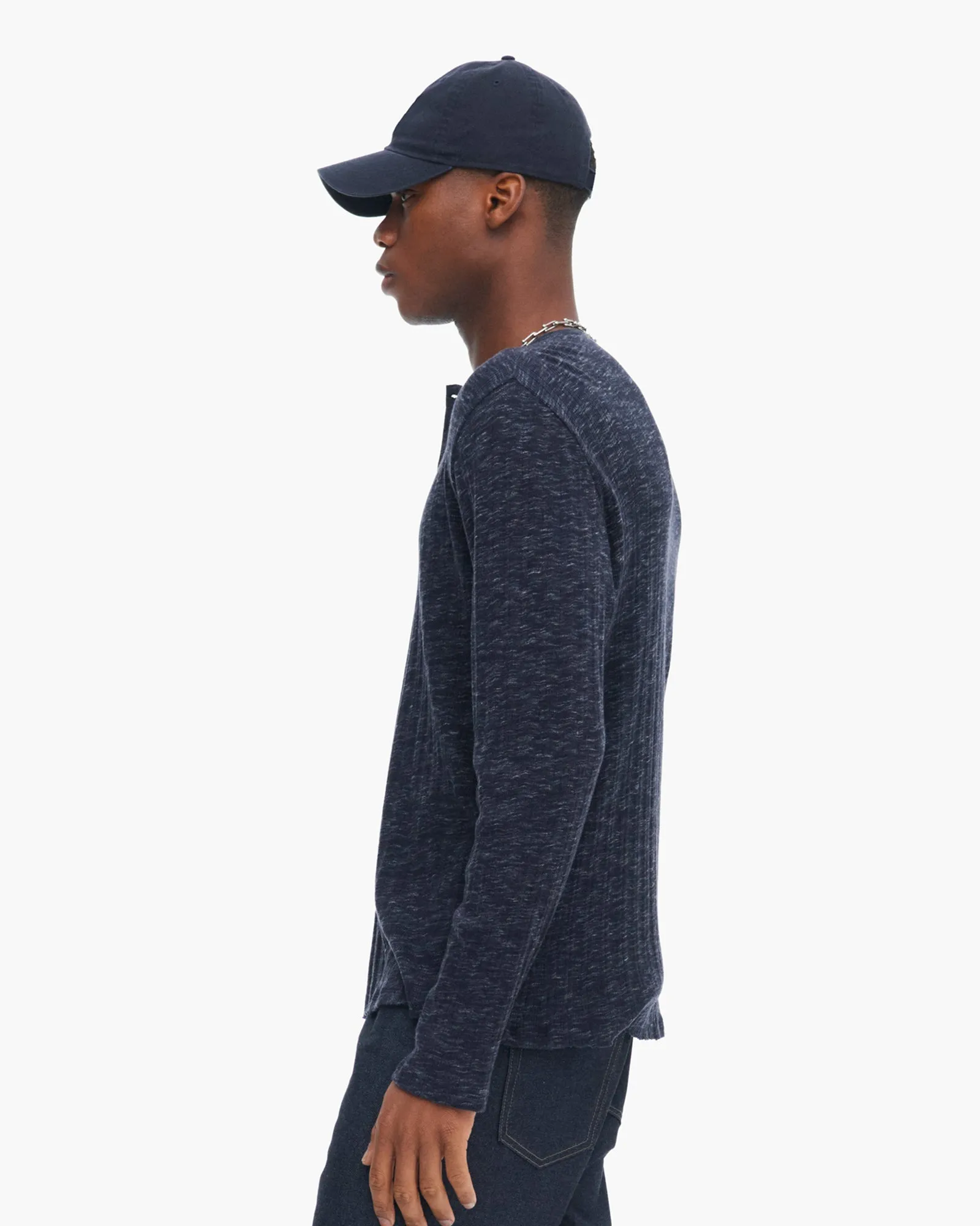 Sustainable Dye Process Flexible Collar Rib Long Sleeve Destroyed Henley - Dark Navy