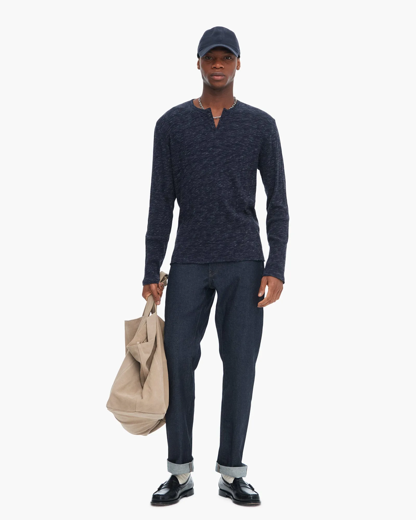 Rib Long Sleeve Destroyed Henley - Dark Navy Simple Comfort Look Bohemian