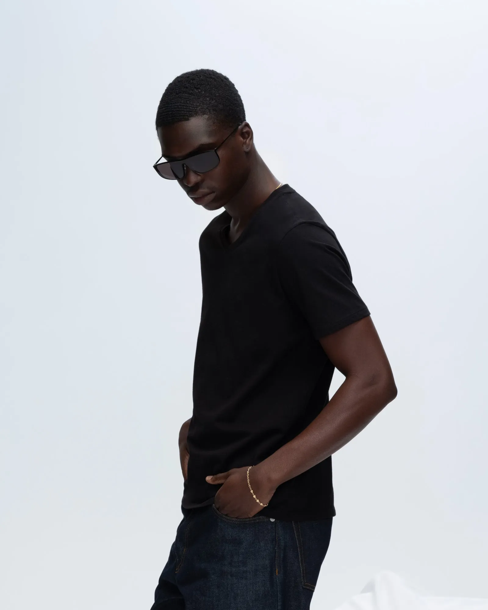 Sporty Stretch Fit Classic Jersey V-Neck Tee - Black