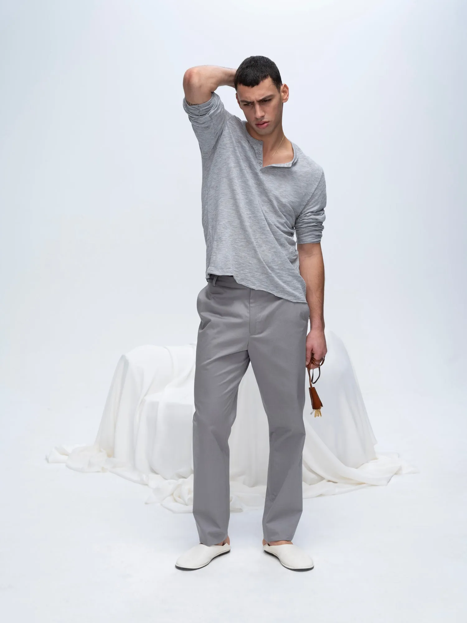 Breezy Comfort Slub Jersey Destroyed Wash Henley - Heather Grey