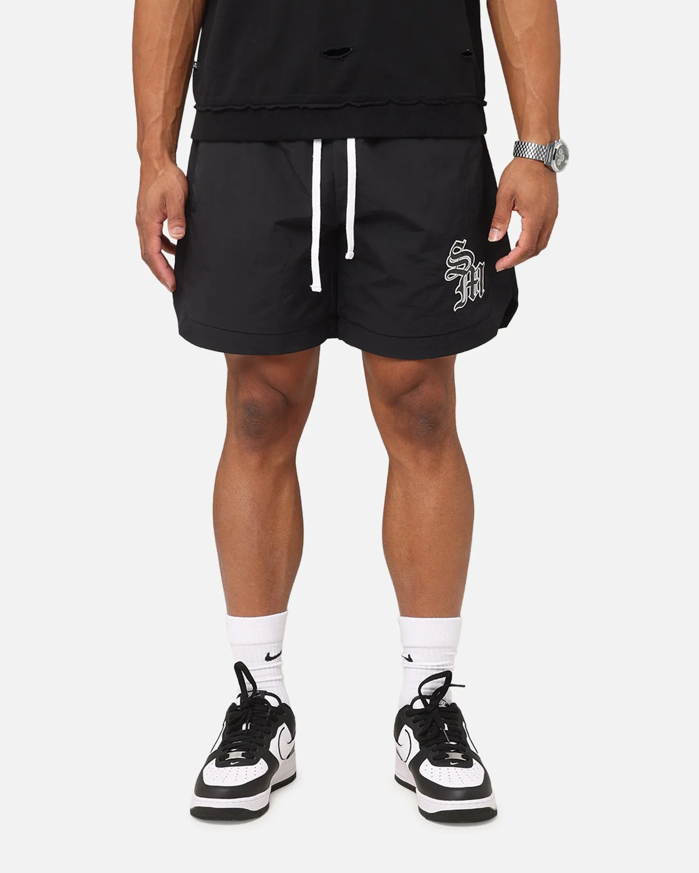 skateboarding outfit Saint Morta Gothic Monogram Nylon Shorts Black