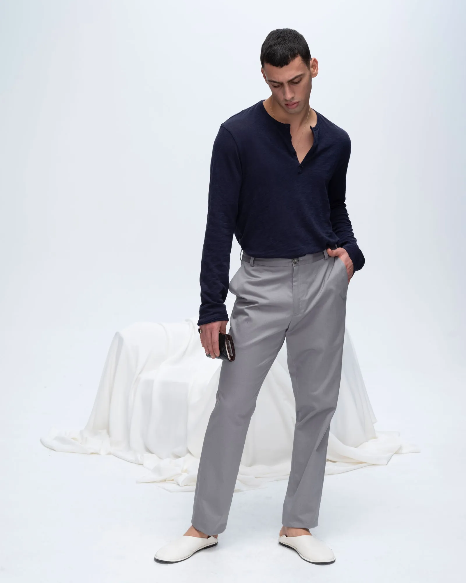 Breathable Performance Fit Slub Jersey Destroyed Wash Henley - Midnight