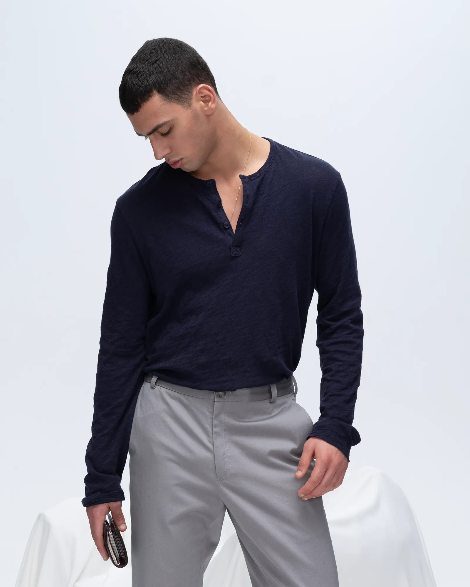 Fashion Layering ethical Slub Jersey Destroyed Wash Henley - Midnight