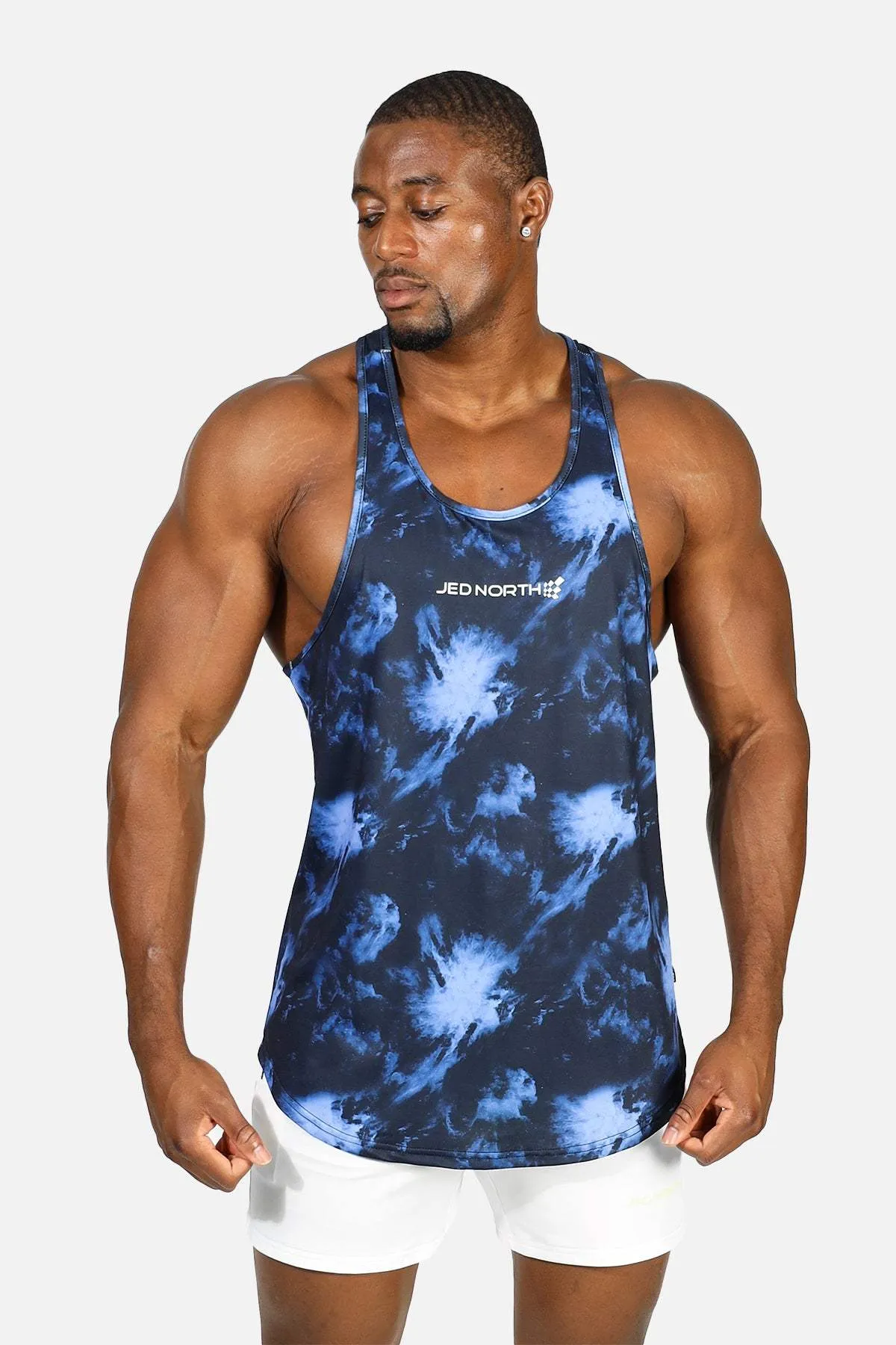 Graphic Muscle Stringer - Abstract Blue Reinforced Seams construction workers