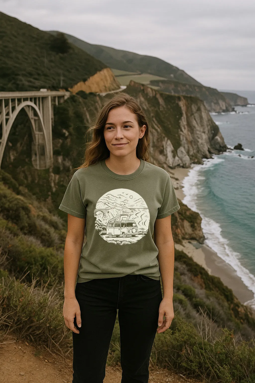 Sustainable Packaging Fashion and Comfort Big Sur VW Bus Tee-Vintage Sage