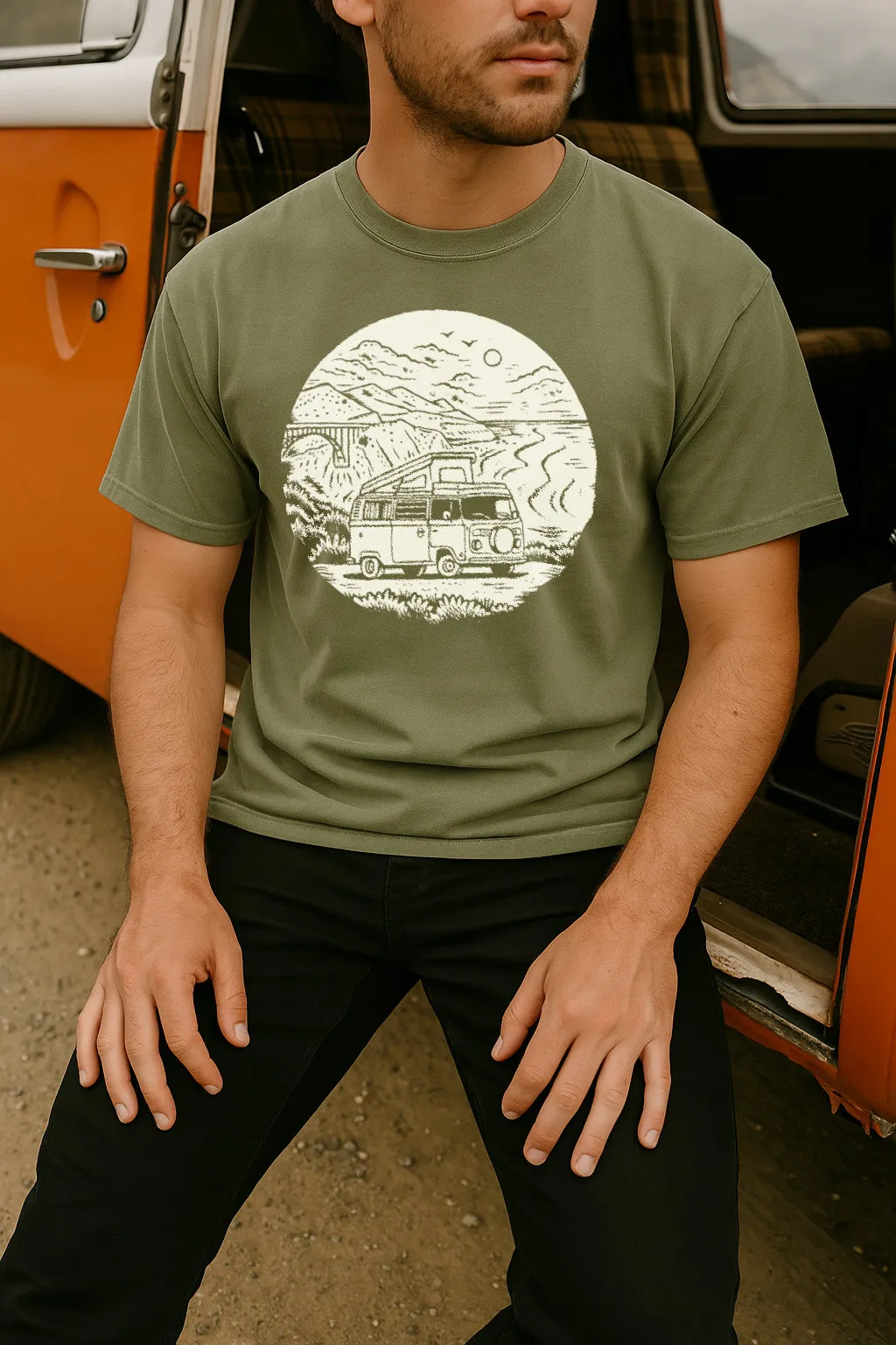 Big Sur VW Bus Tee-Vintage Sage FadeResistant Casual Comfort Top