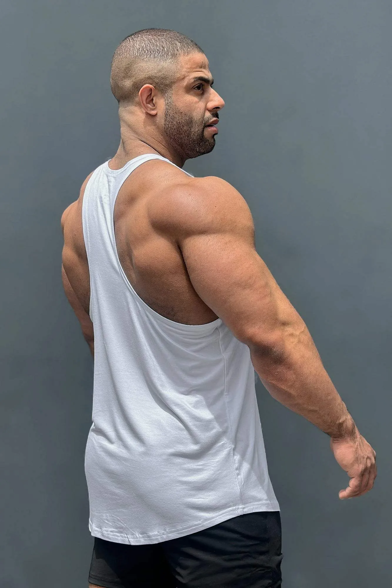 Classic Bodybuilding Racerback Stringer - White farmers High Collar Design