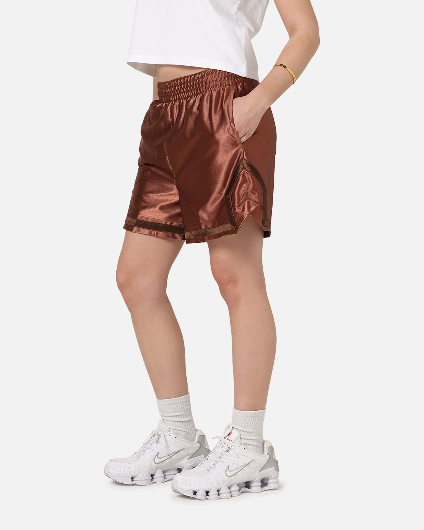 Warm Weather Wear Quick Movement Jordan Women's Dri-FIT 4" Diamond Shorts Metallic Red