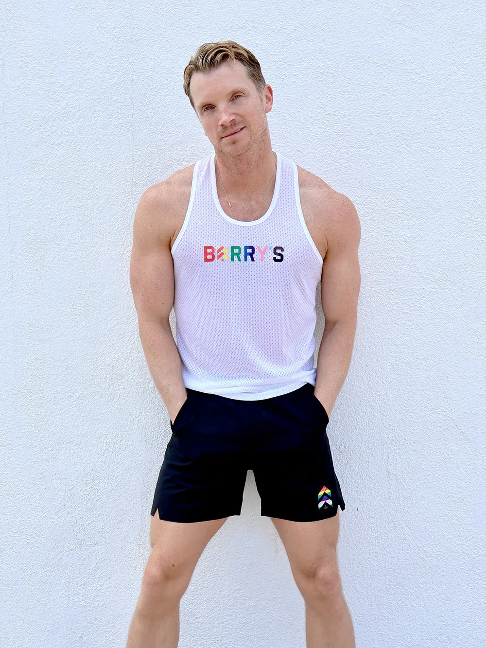BARRY'S PRIDE RELAY WHITE MESH TANK middle aged users