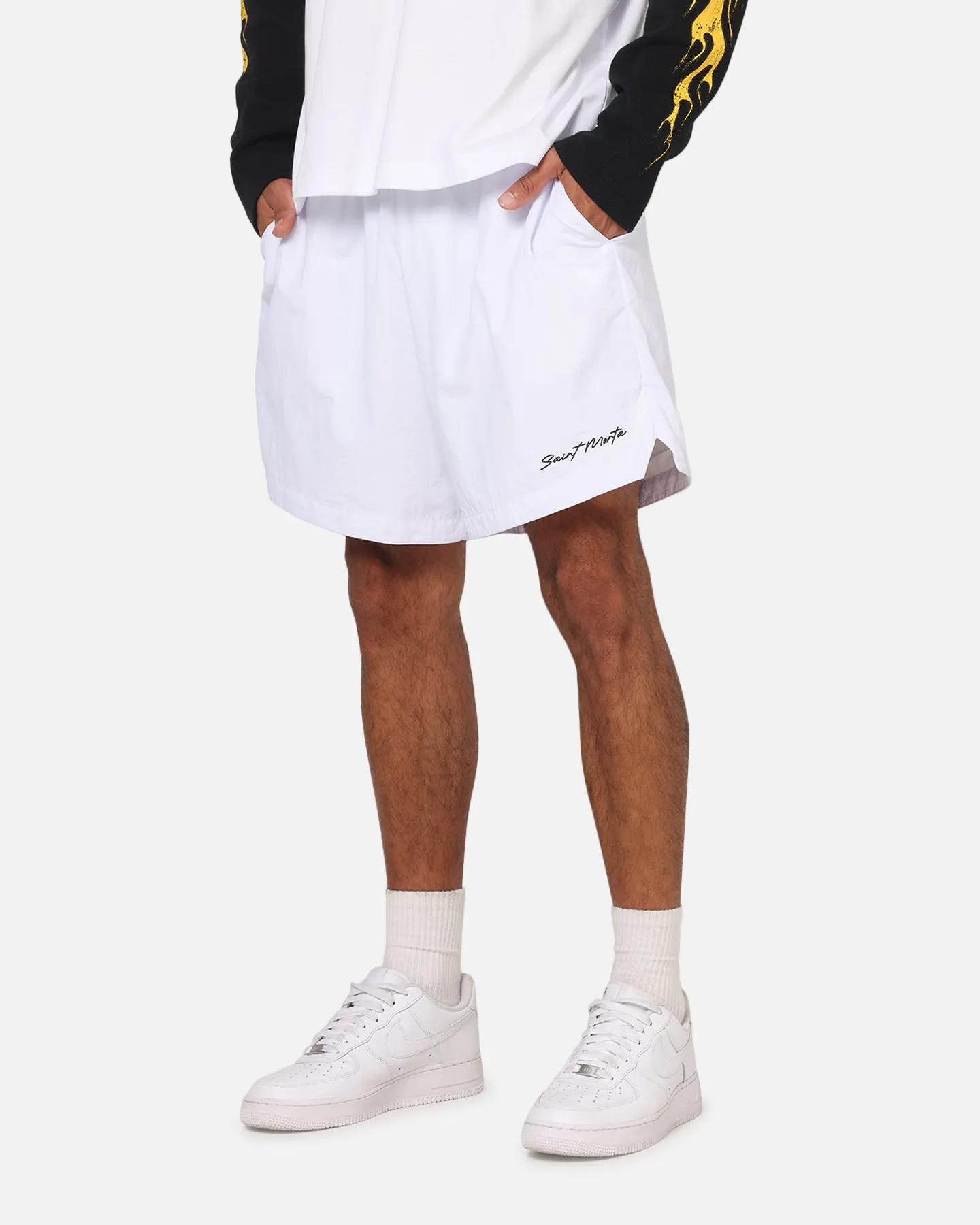 Saint Morta Scription Nylon Shorts White Elastic hem