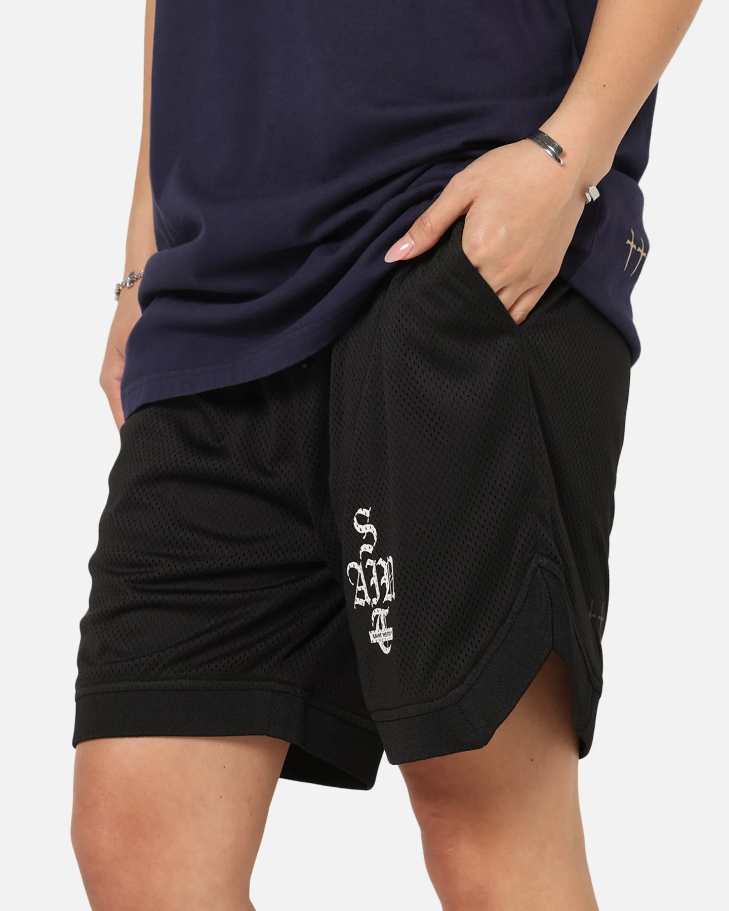 Saint Morta Gothic Stack Basketball Shorts Black Abrasion Resistant Fabric Lightweight Comfort