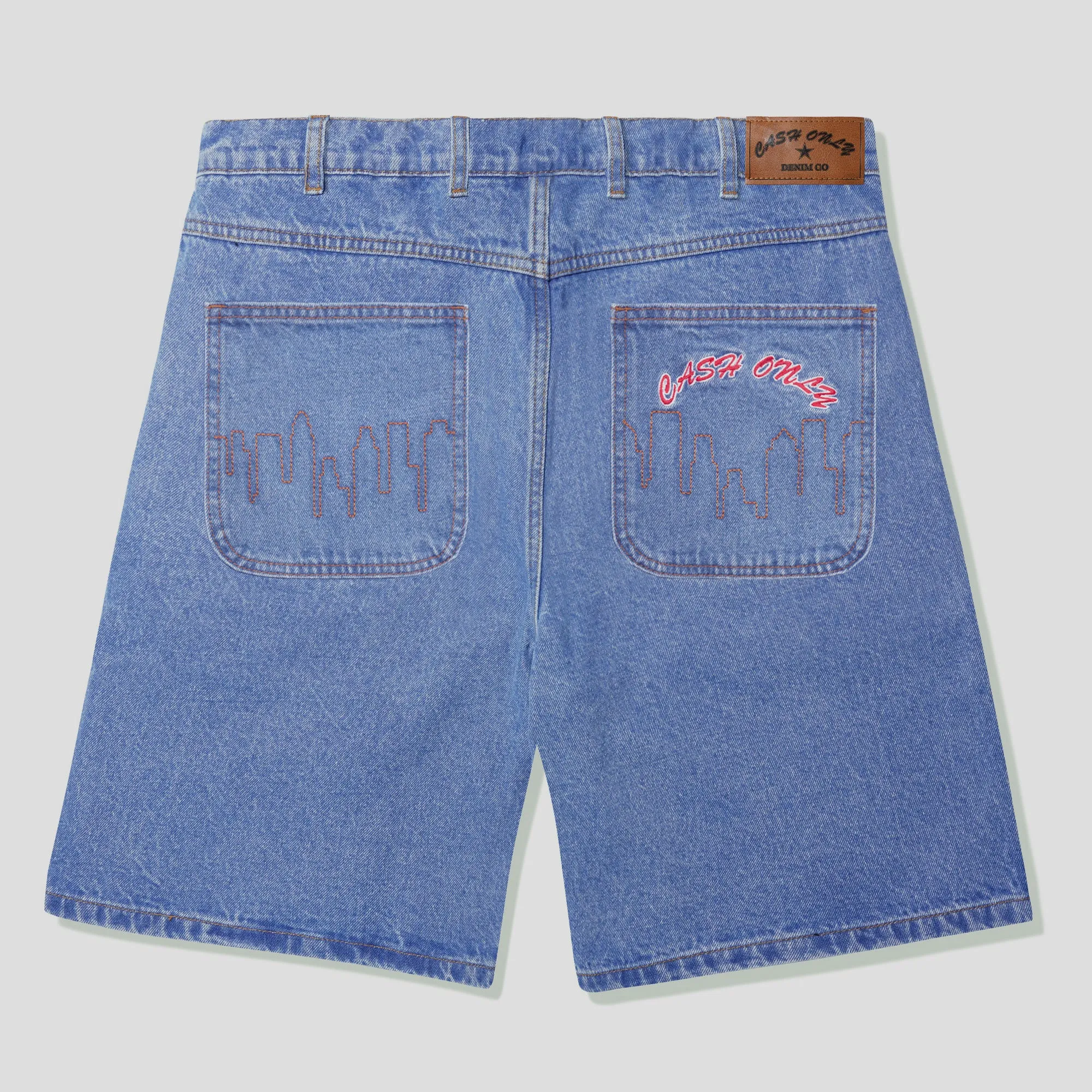 Cash Only Logo Denim Shorts - Washed Indigo Moisture Wicking Fabric Simple Cut