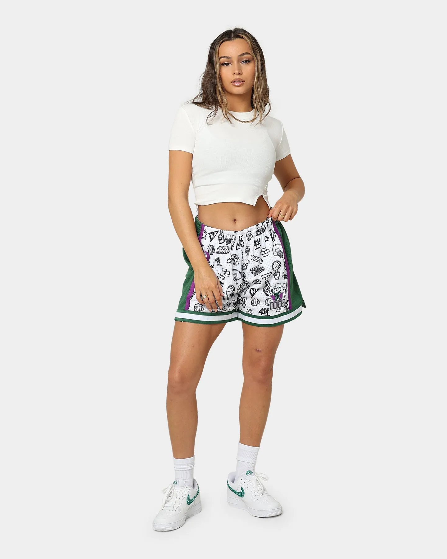 Mitchell & Ness Women's Milwaukee Bucks Doodle Shorts White Retro Style