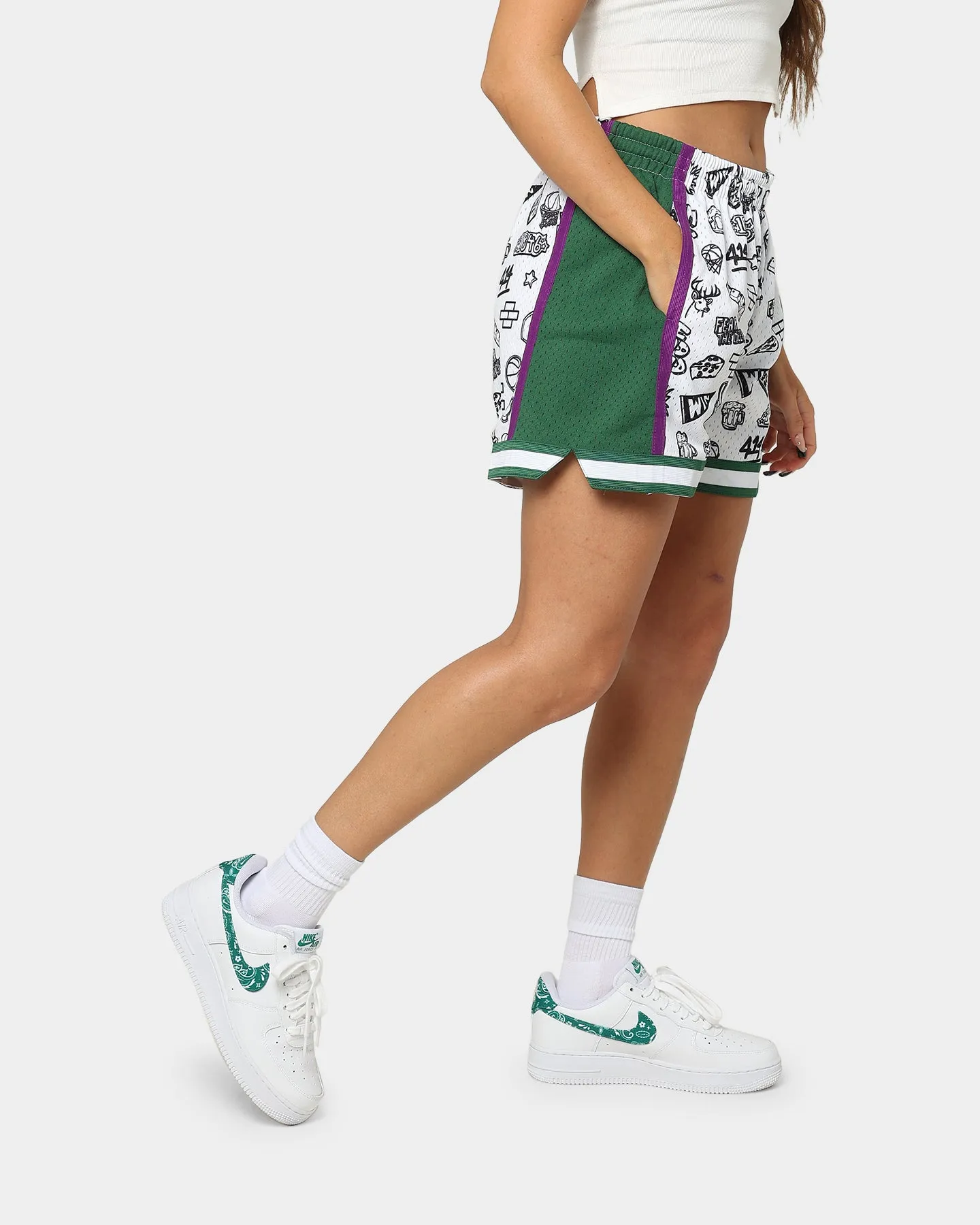 Mitchell & Ness Women's Milwaukee Bucks Doodle Shorts White Workout Ready Design