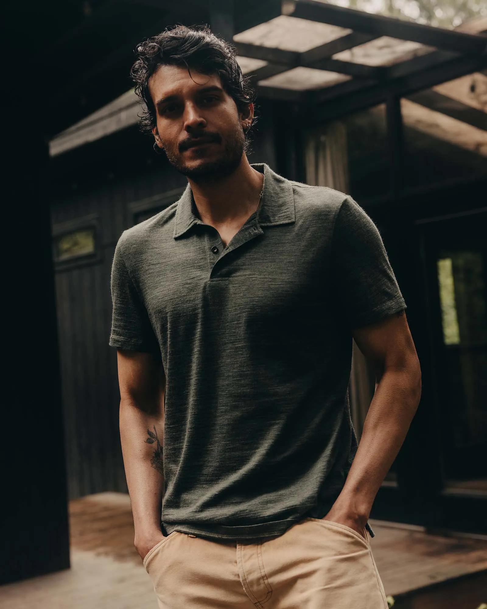 The Merino Polo in Heather Army Sporty Stretch Fit Timeless Layering