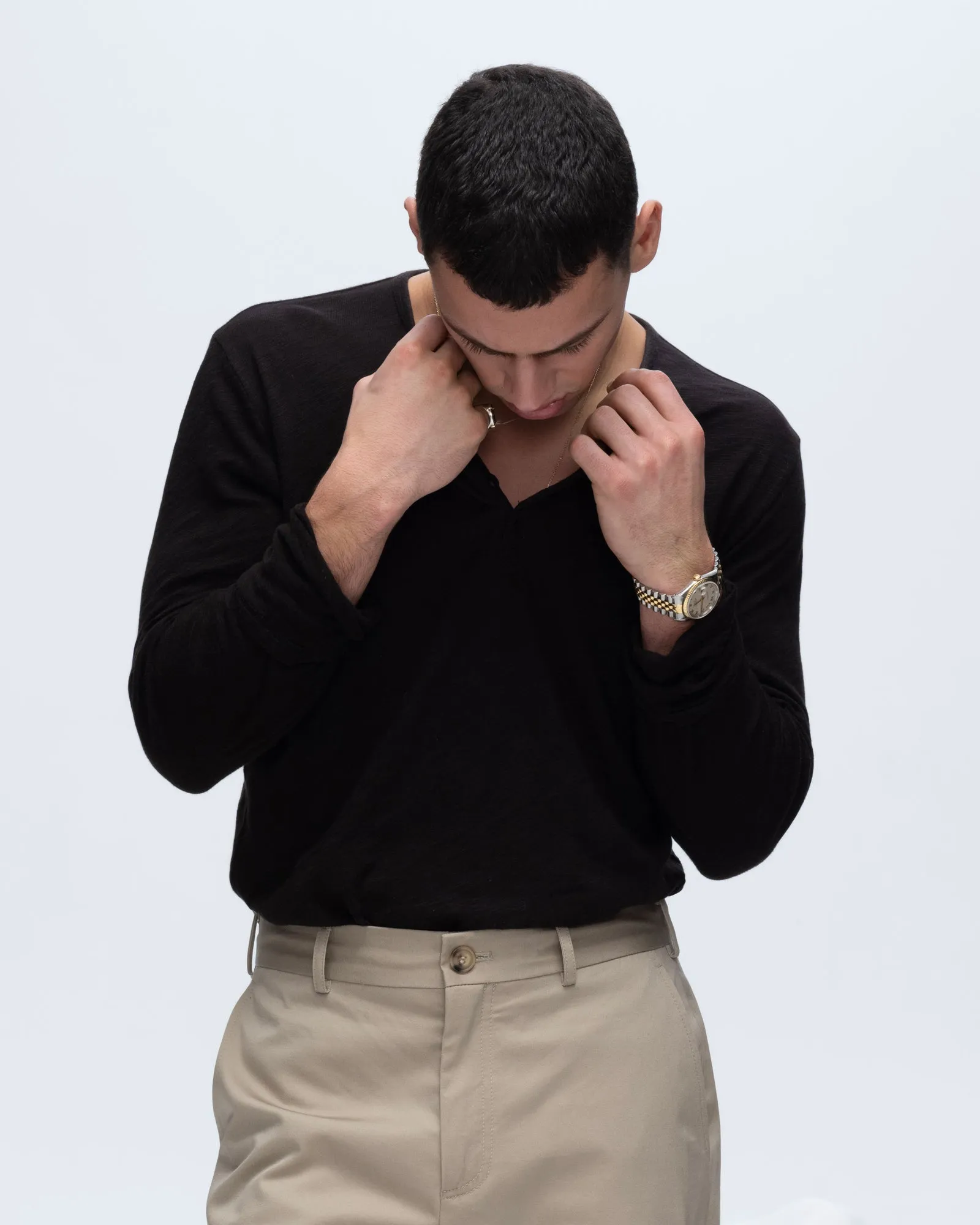 Breathable Comfort Design Slub Jersey Destroyed Wash Henley - Black