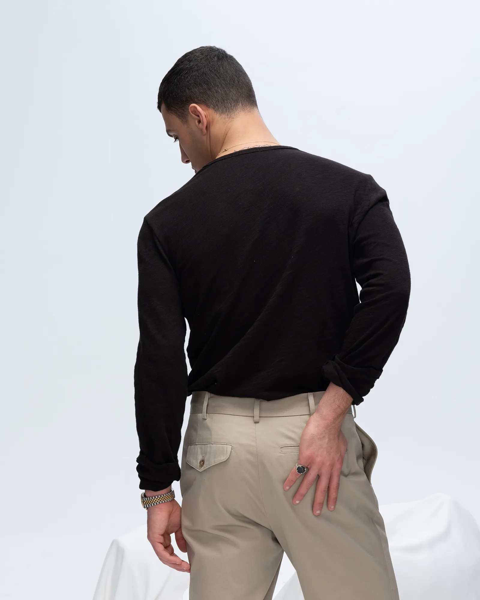 Slub Jersey Destroyed Wash Henley - Black Stretchy Fit