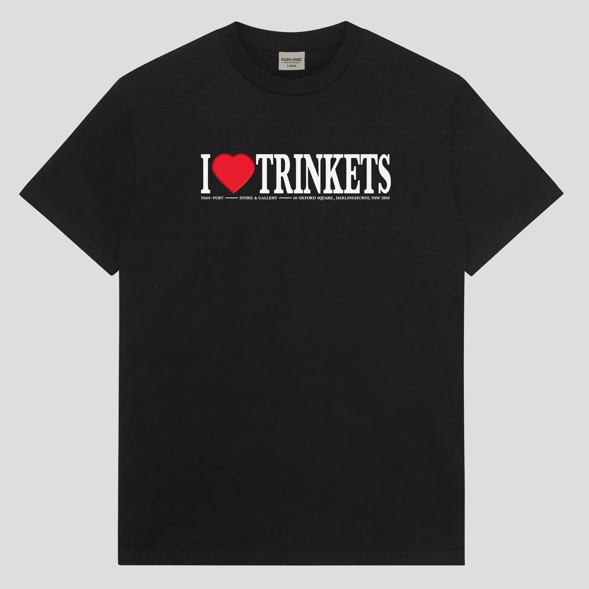 No Shrink Technology Casual Design Pass~Port Store & Gallery Exclusive I Love Trinkets Tee - Black