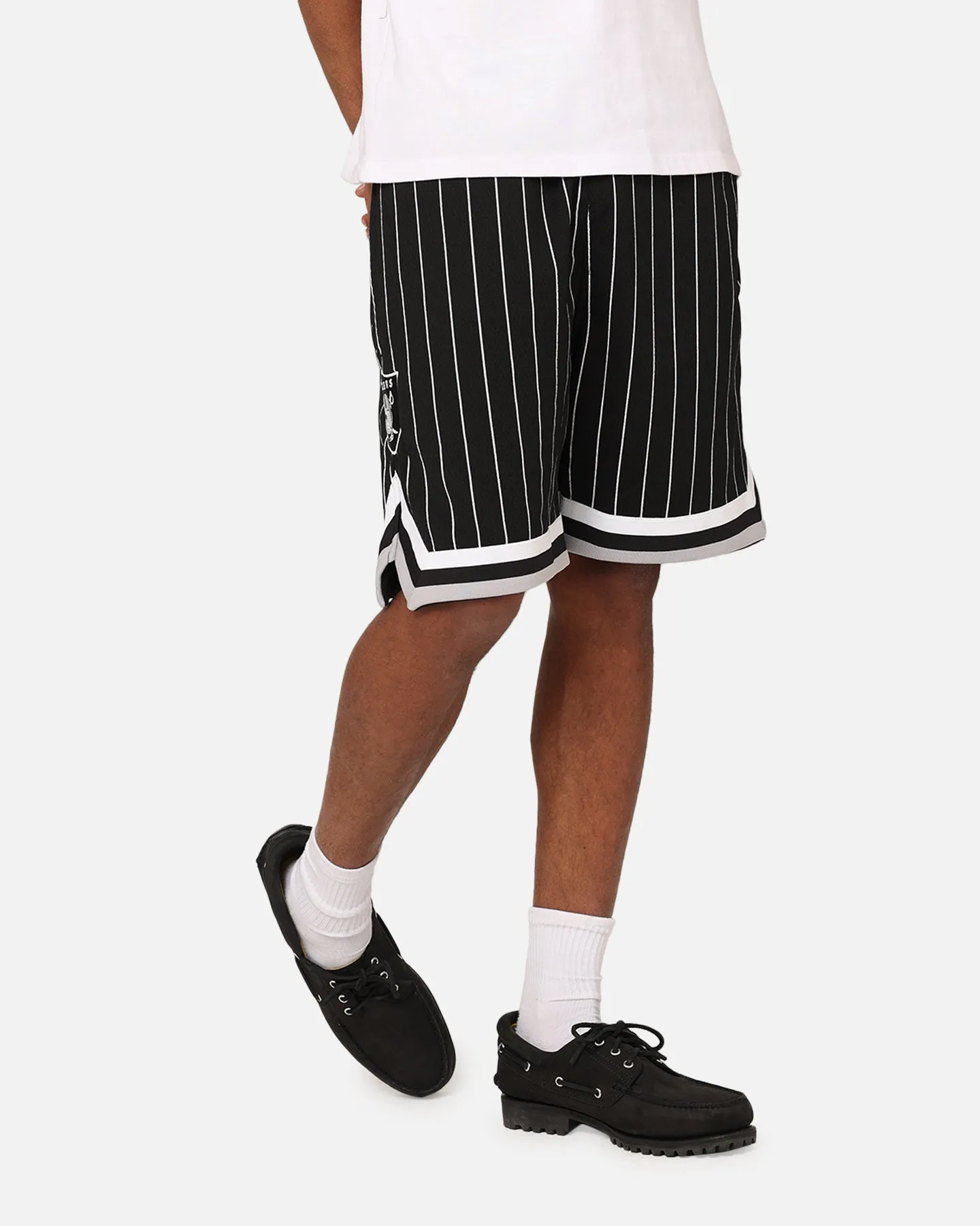 Soft Comfort Performance Stretch New Era Las Vegas Raiders Mesh Shorts Black Pinstripe