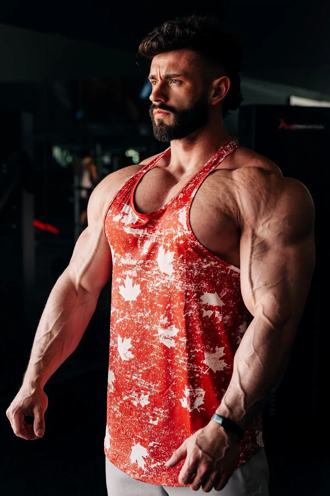 Relaxed fit style Graphic Muscle Stringer - Red Maple Leaf