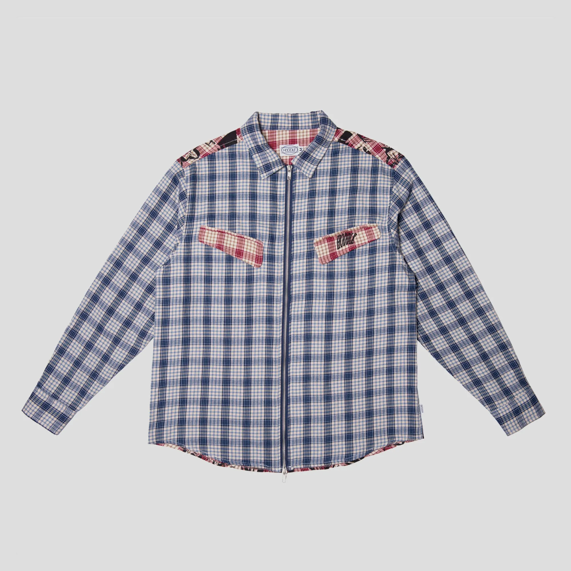 Hoddle Skyline Zip Up Flannel Shirt - Navy Plaid / Red Plaid Dynamic Design Zip Front
