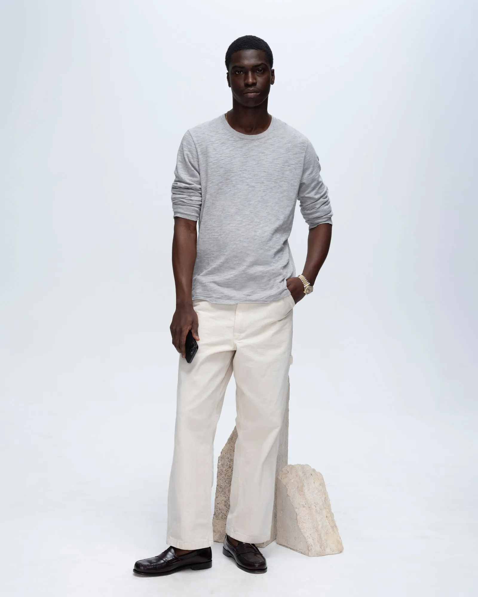 Slub Jersey Long Sleeve Destroyed Wash Tee - Heather Grey Stretchable Weave Evergreen