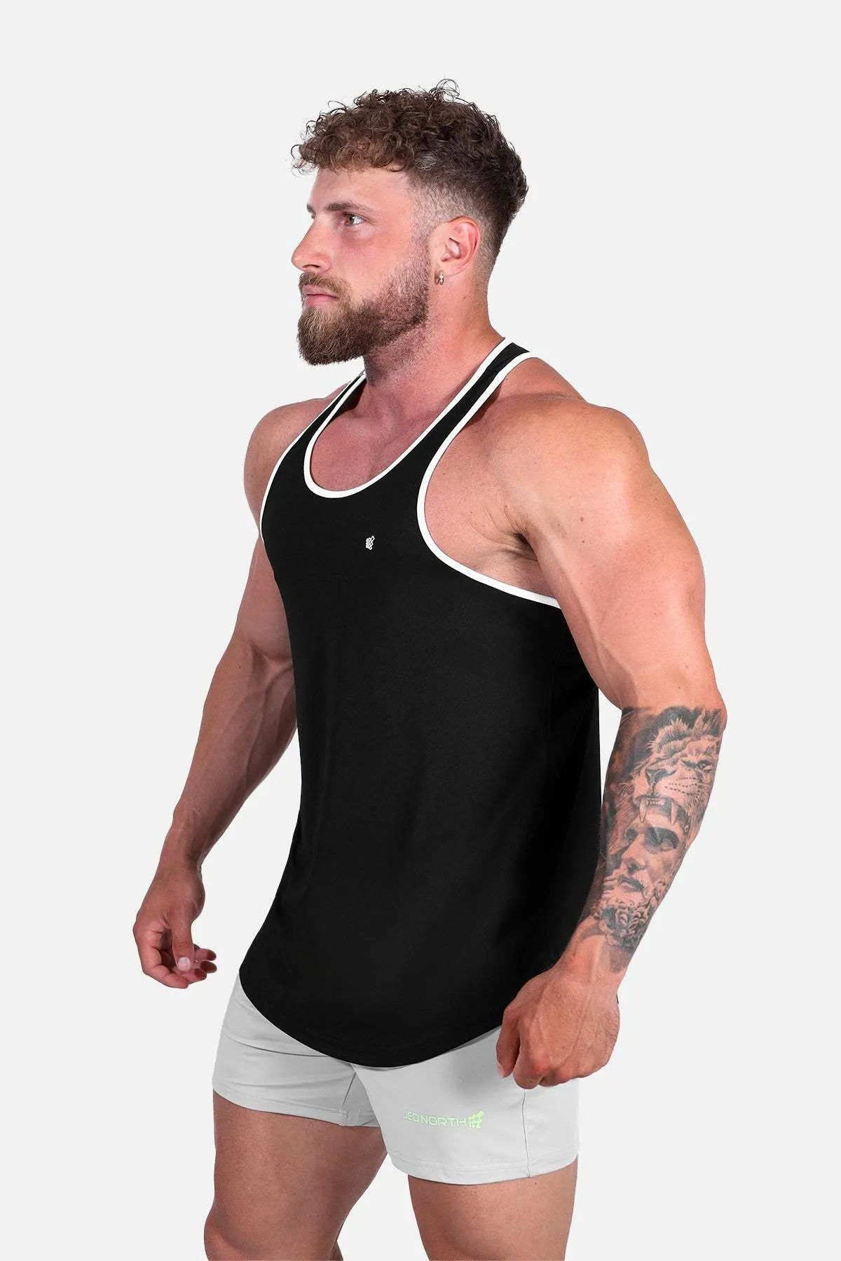 Fast-Dry Bodybuilding Workout Stringer - Black with White Enemy - deterring