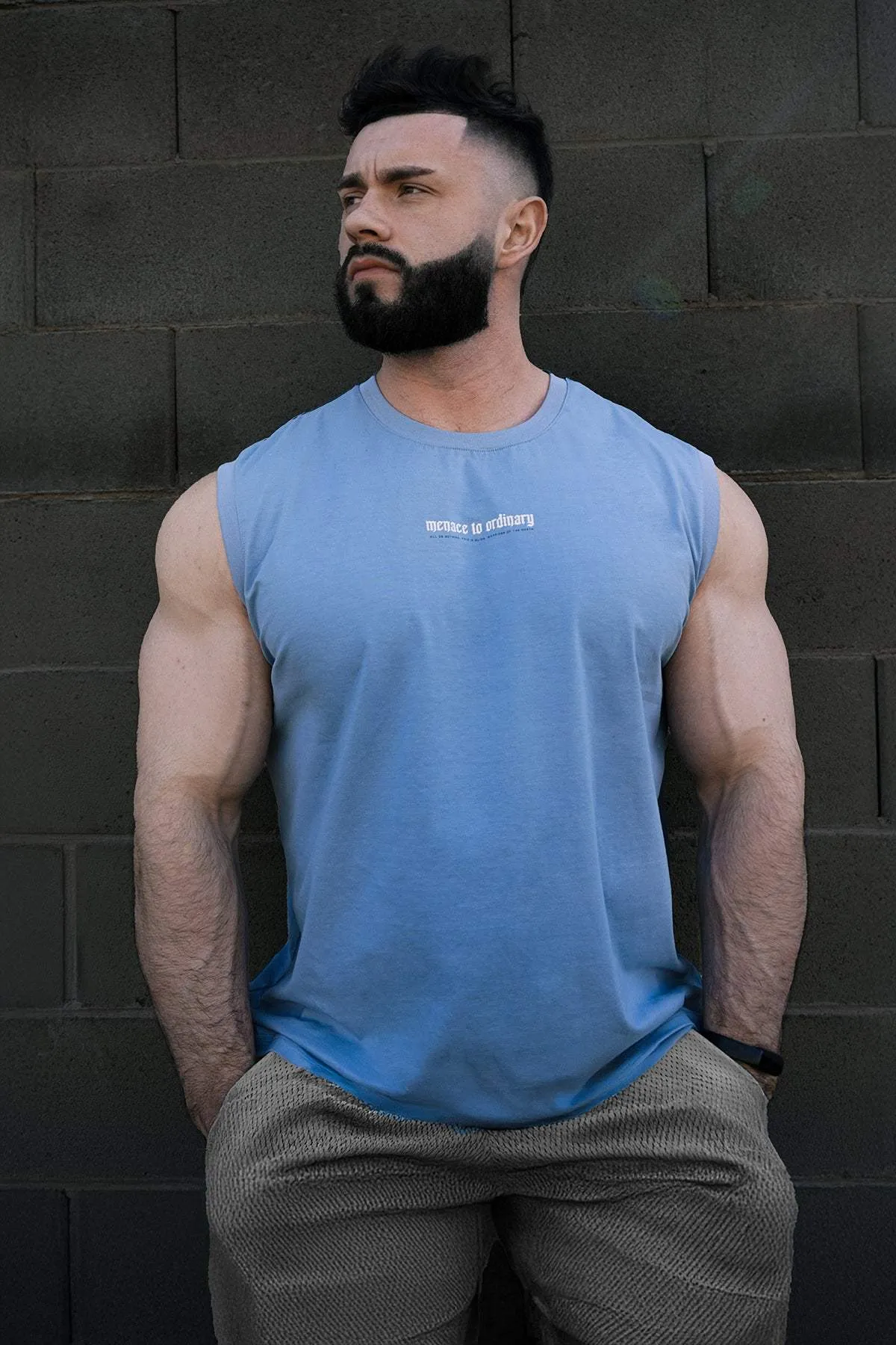 Training - worthy Ribbed Texture Finish Sleeveless Muscle Tee - Light Blue