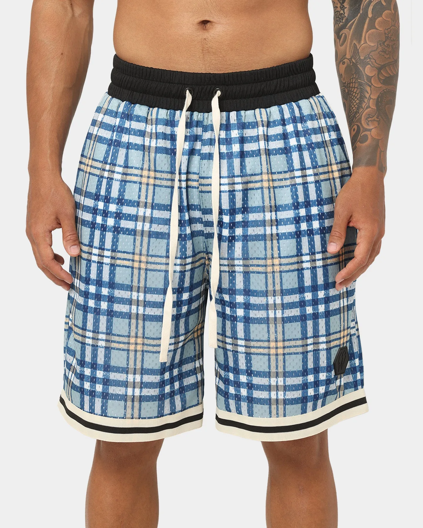 Comfy Layer Non Restrictive Fit EN ES Team Basketball Shorts Blue Plaid