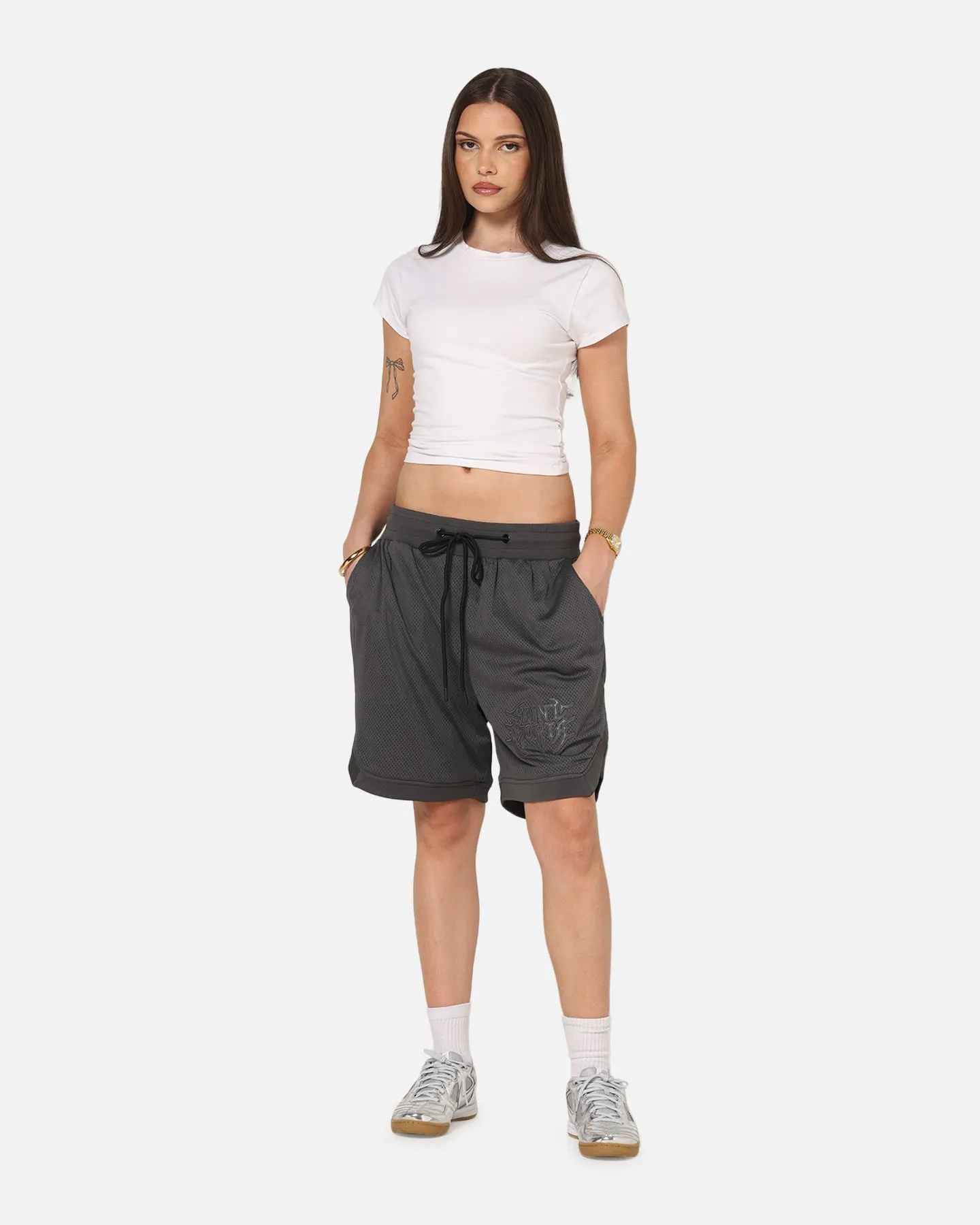 vacation look Foldable style Saint Morta Crested Wing Basketball Shorts Grey