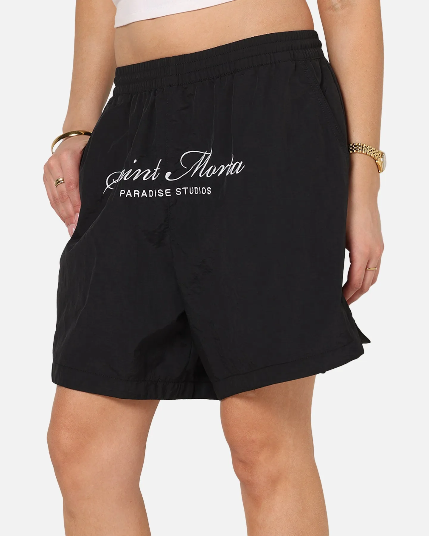 Saint Morta Saint Studios Logo Nylon Shorts Black Extended Inseam Options