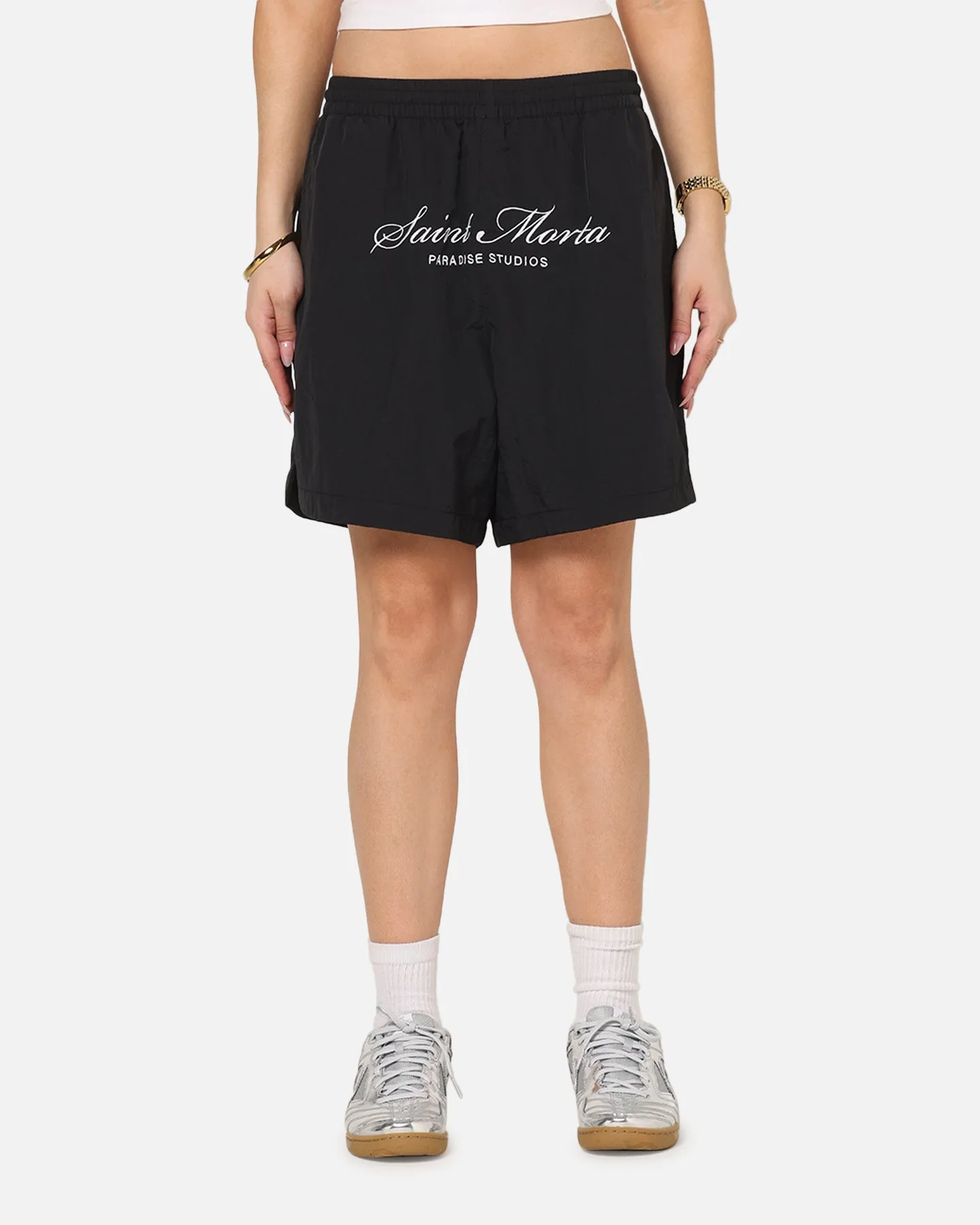 Saint Morta Saint Studios Logo Nylon Shorts Black Tear Resistant Weave