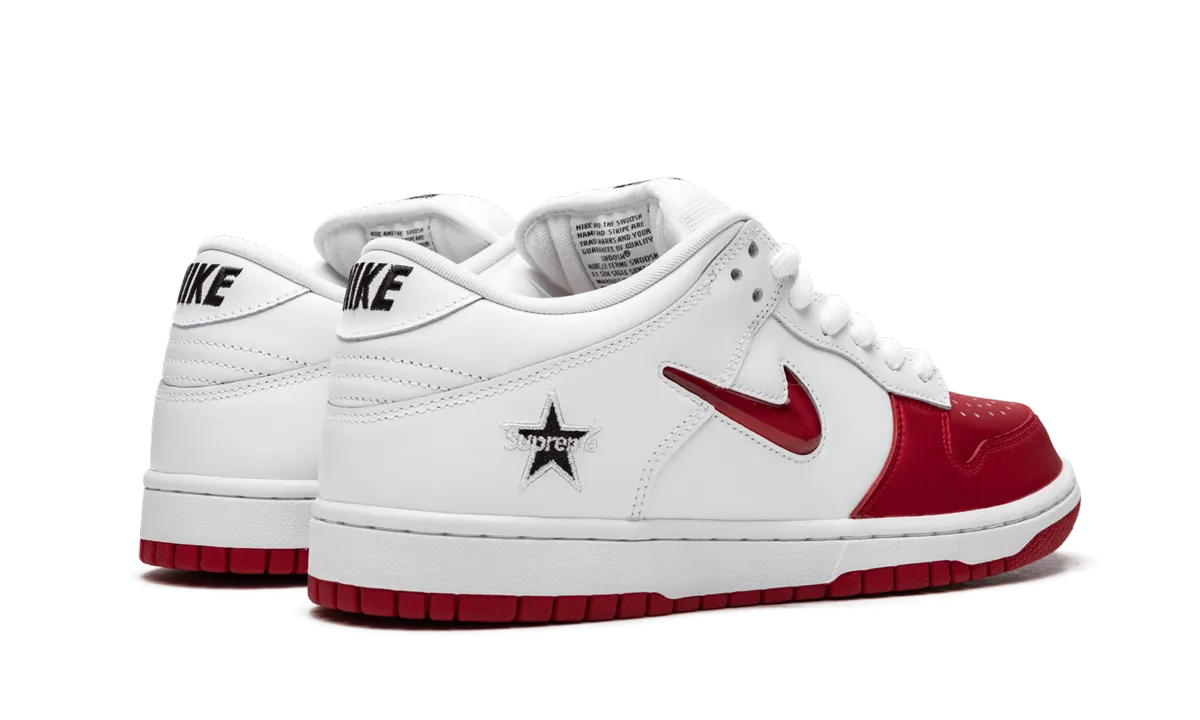 Leaf Jog Stone Hike SB Dunk Low "Supreme - Jewel Swoosh Red/White"