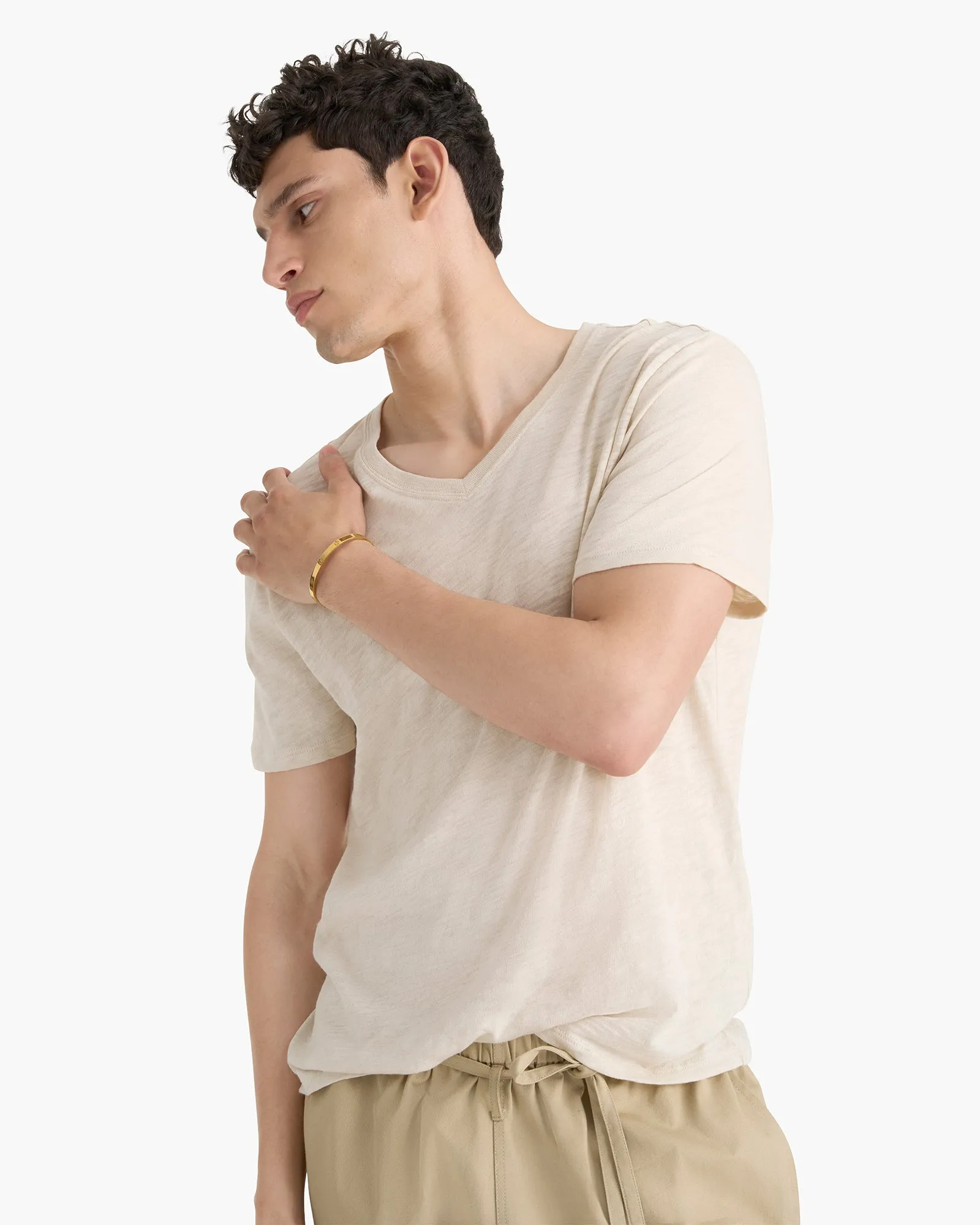 Fashionable Piece Weekend Comfort Wear Slub Jersey Chroma Wash V-Neck Tee - Bleached Oak