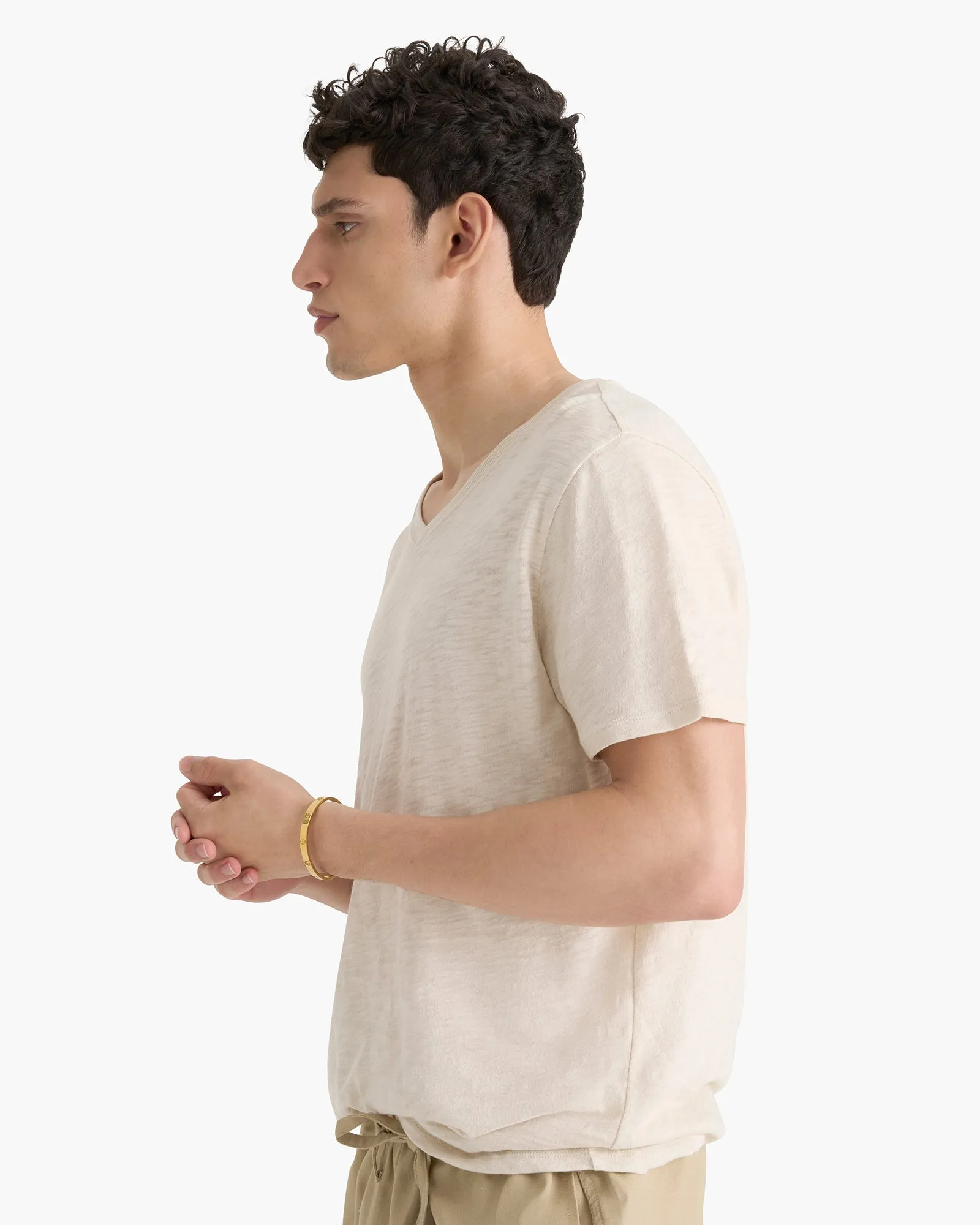 Light and Breathable Sporty Comfort Fit Slub Jersey Chroma Wash V-Neck Tee - Bleached Oak