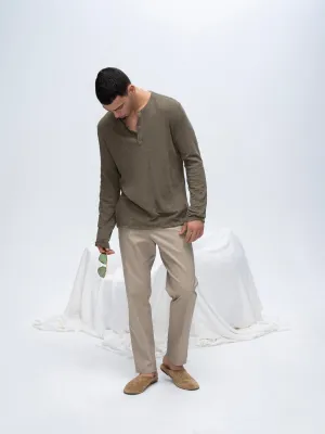 Relaxed Fit Design Slub Jersey Destroyed Wash Henley - Army