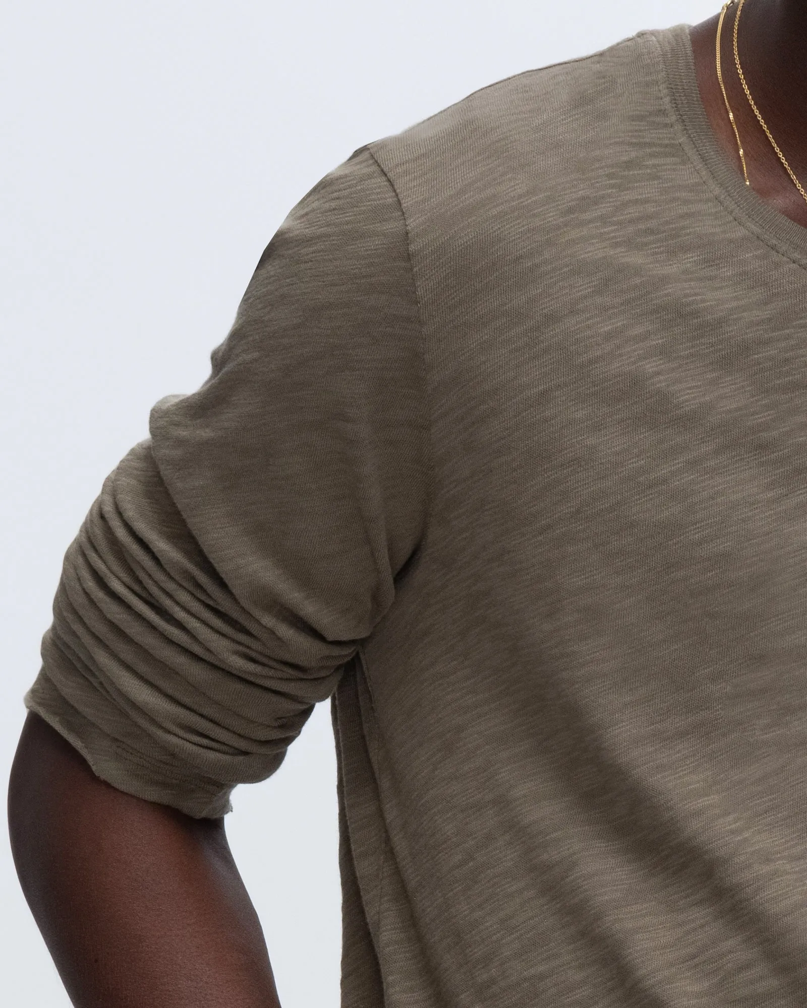 Flexible stretch Slub Jersey Long Sleeve Destroyed Wash Tee - Army