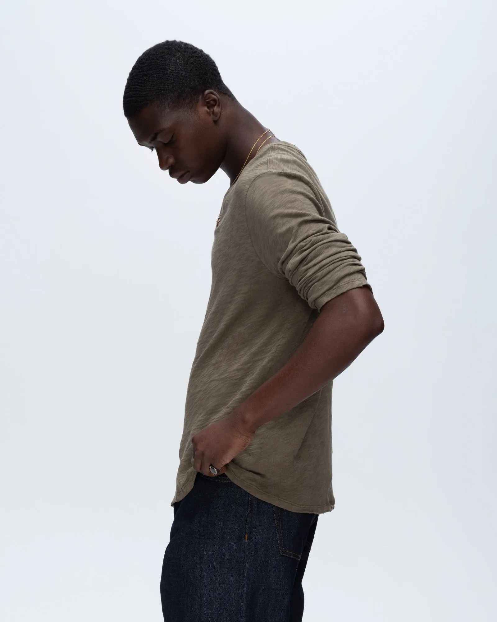 Customizable Slub Jersey Long Sleeve Destroyed Wash Tee - Army