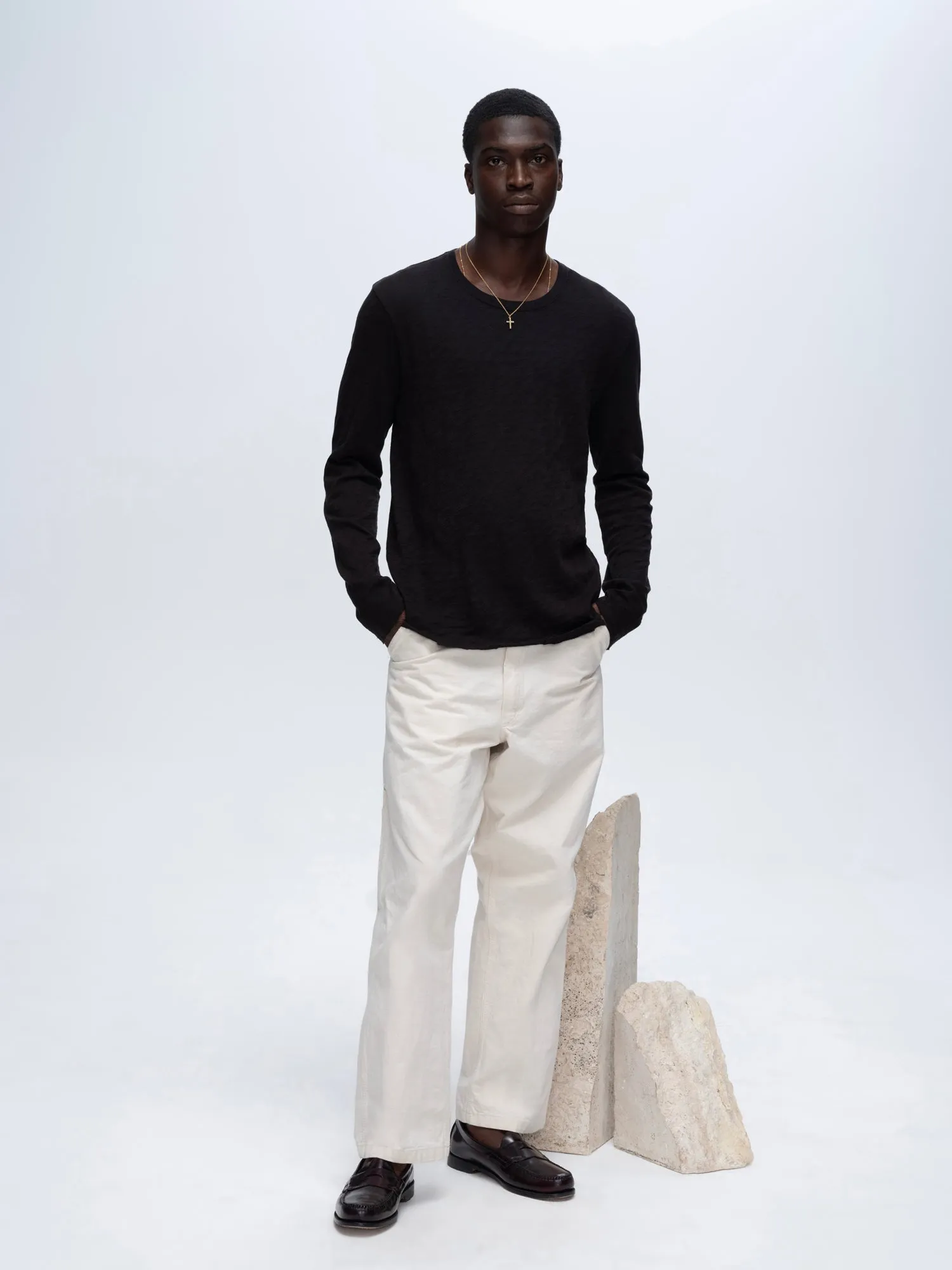 Anti Pilling Treatment Slub Jersey Long Sleeve Destroyed Wash Tee - Black