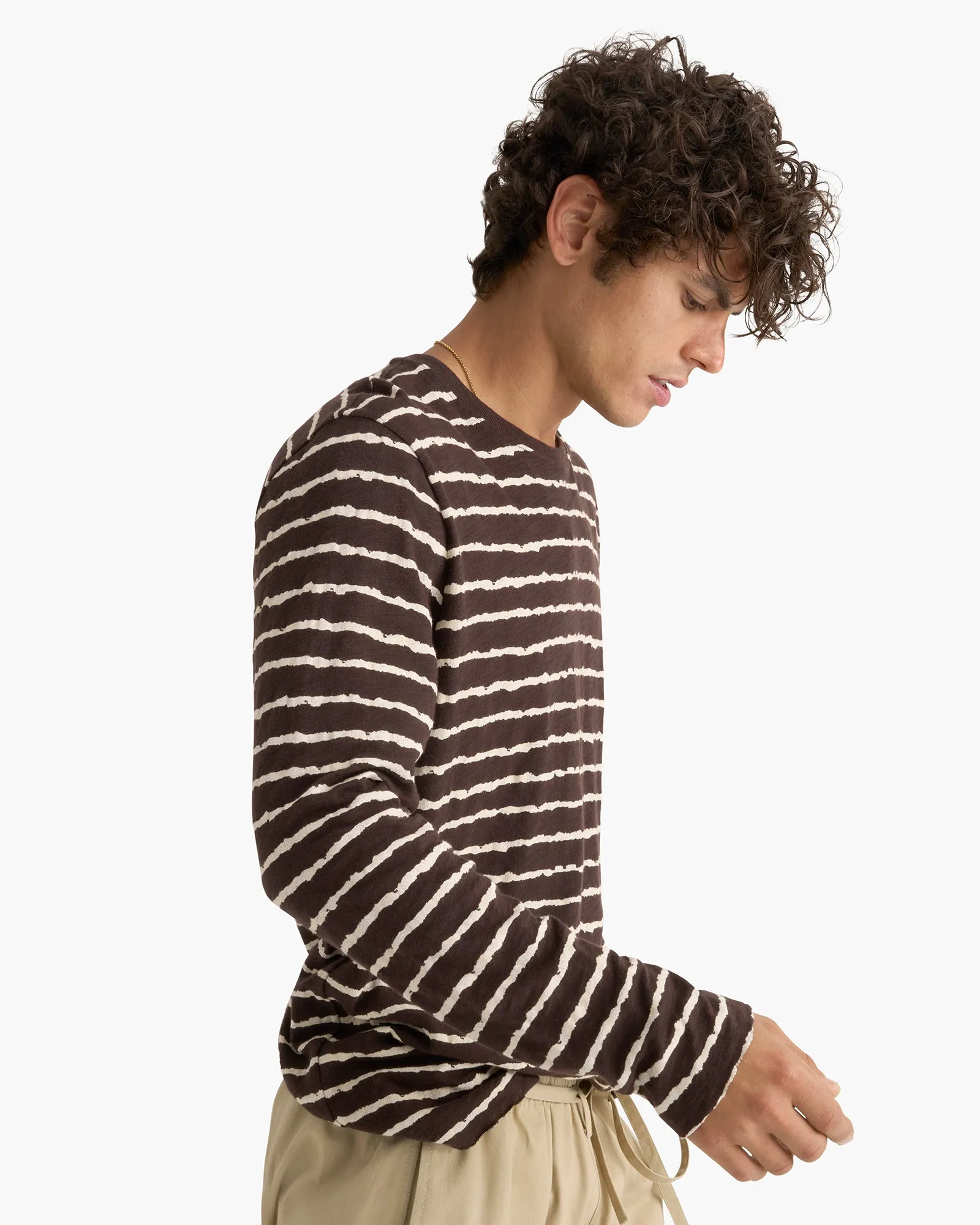 Slub Jersey Long Sleeve Destroyed Wash Tee - Dark Chocolate Chalk Quick Fit Design