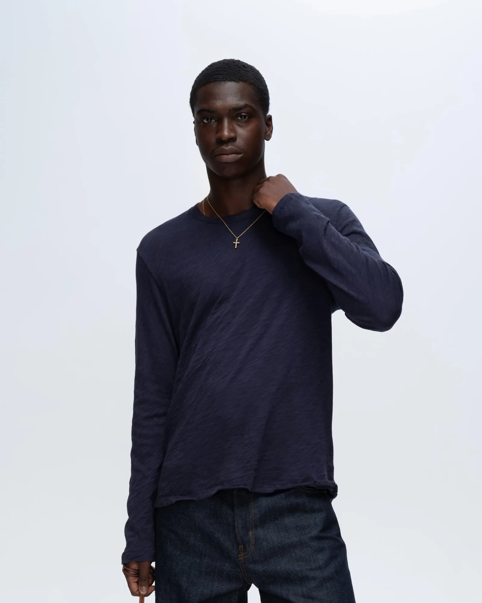 Raw Edge Hem Slub Jersey Long Sleeve Destroyed Wash Tee - Midnight