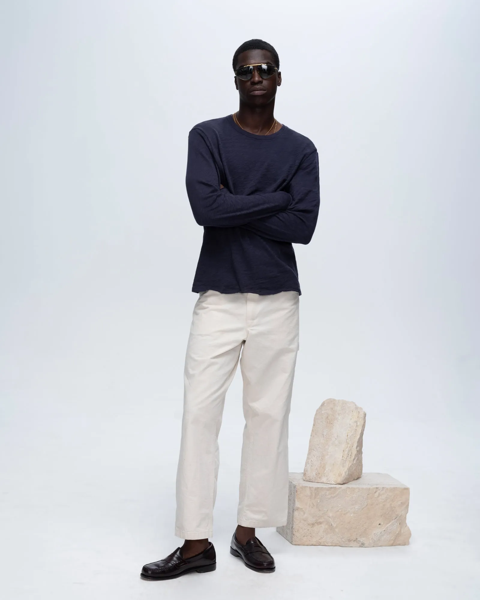 Slub Jersey Long Sleeve Destroyed Wash Tee - Midnight Performance Comfort