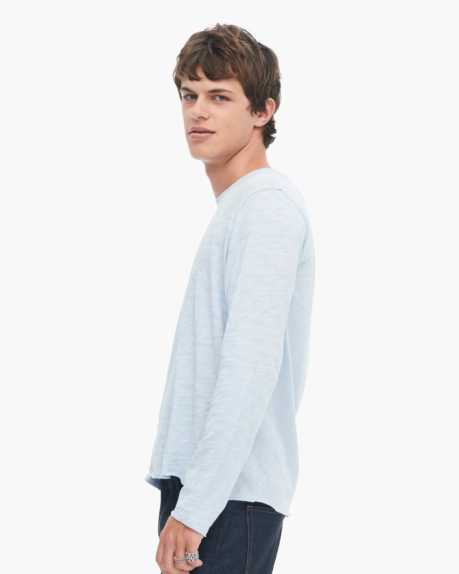 Lightweight Material Slub Jersey Long Sleeve Destroyed Wash Tee - Powder Blue