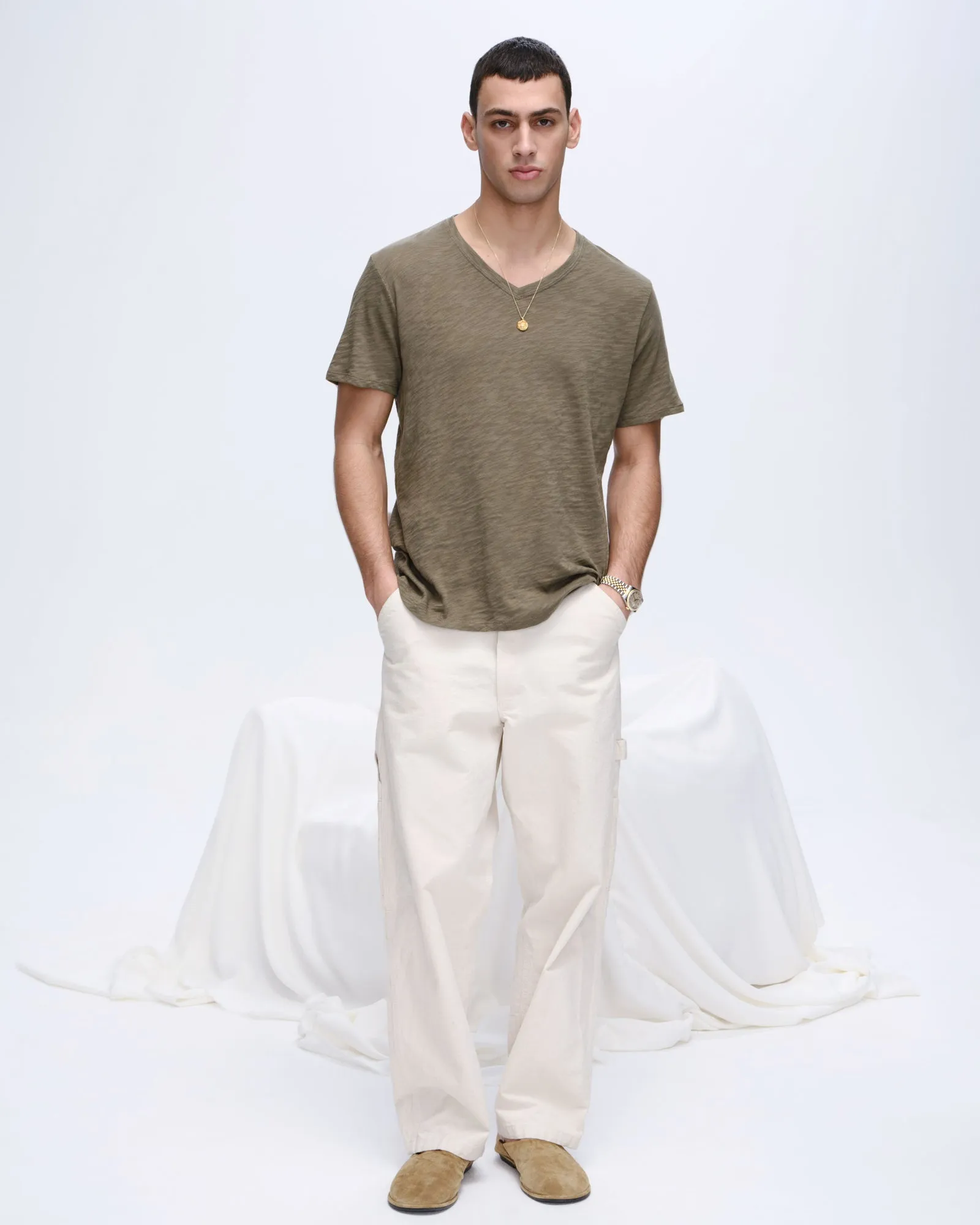 Slub Jersey V-Neck Tee - Army Ultra Soft Texture Essential Casual