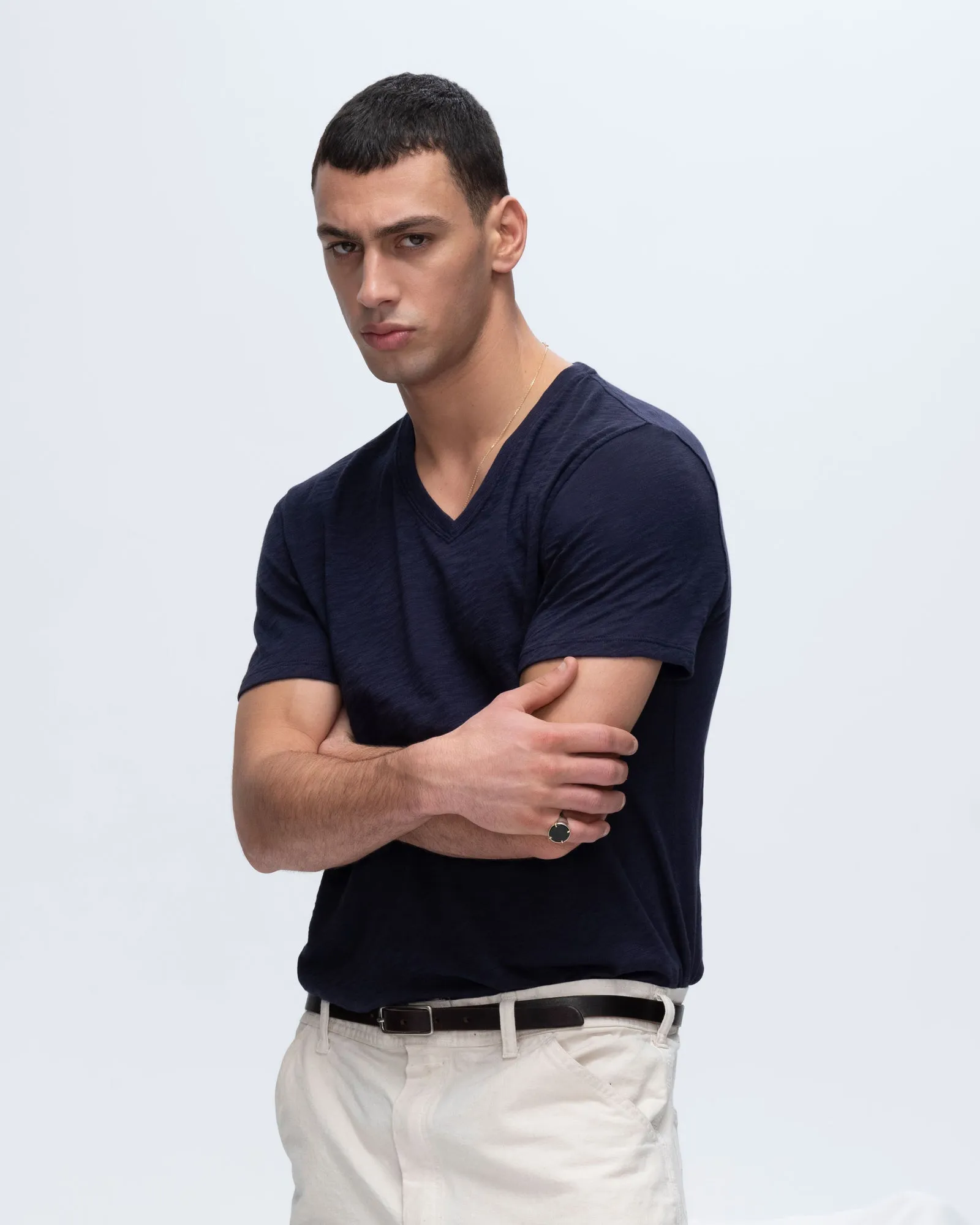 High-Quality Cotton Slub Jersey V-Neck Tee - Midnight