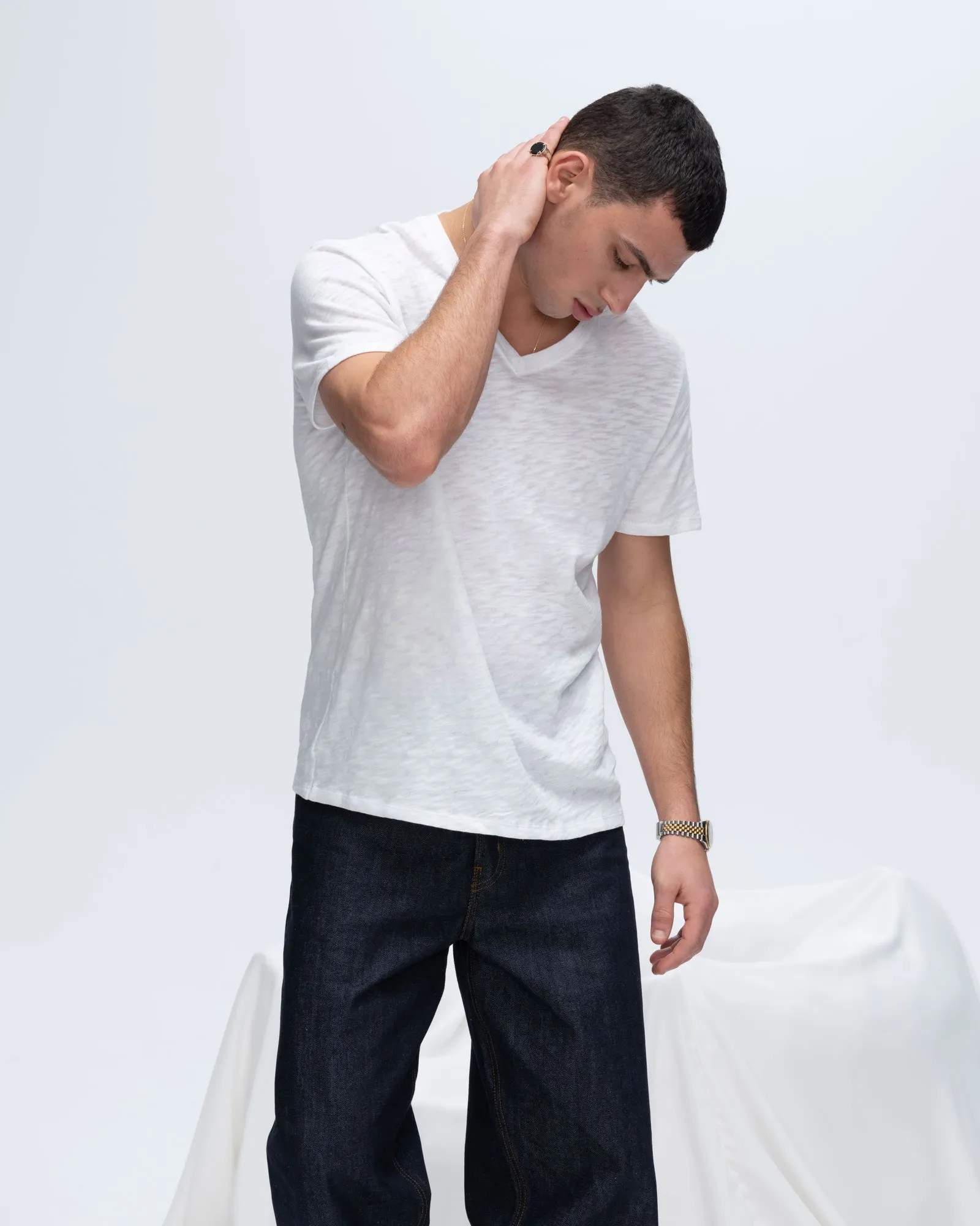 Slub Jersey V-Neck Tee - White Oeko Tex Certified Anti Pilling Finish