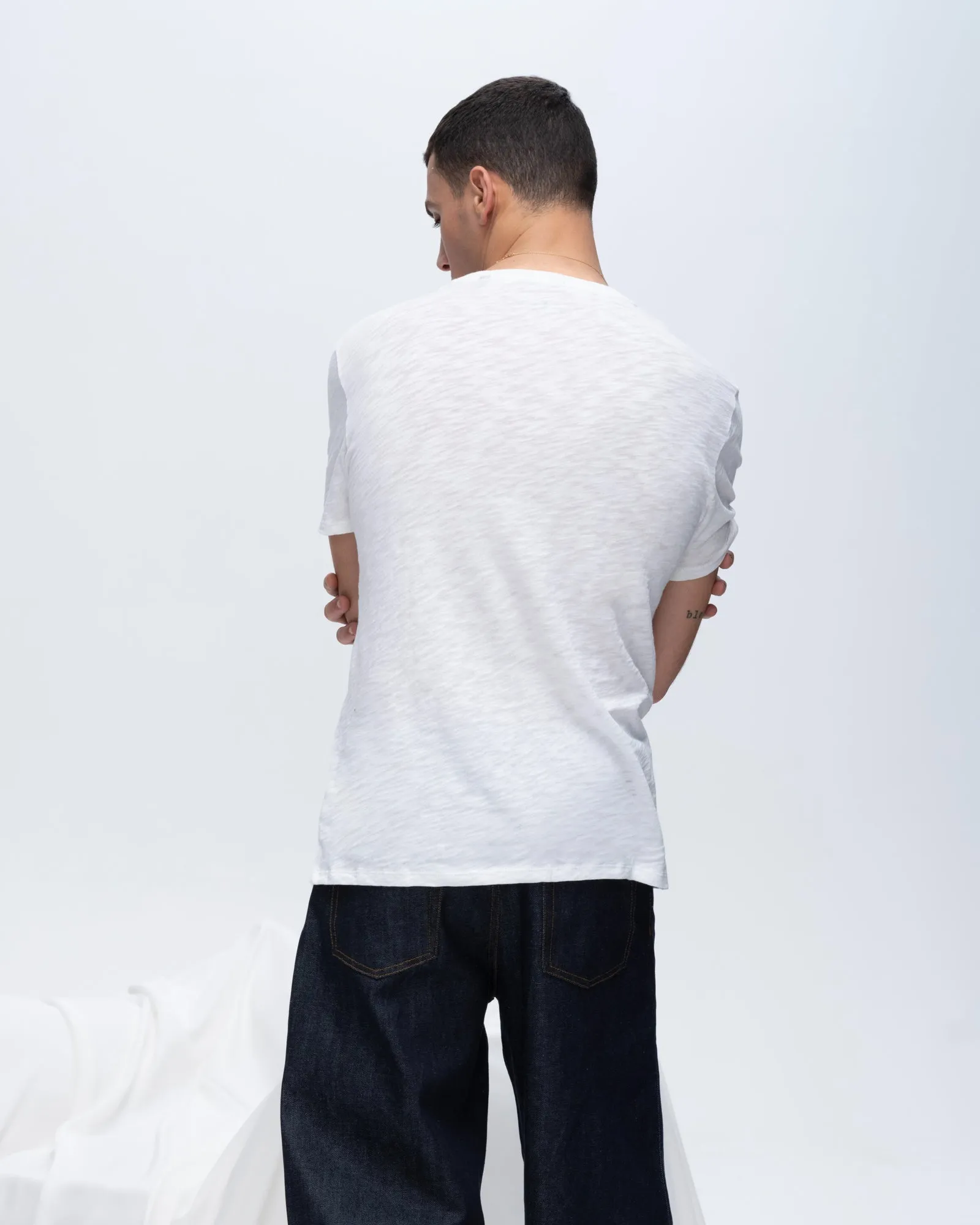 Lightweight Fabric Flattering Cut Slub Jersey V-Neck Tee - White