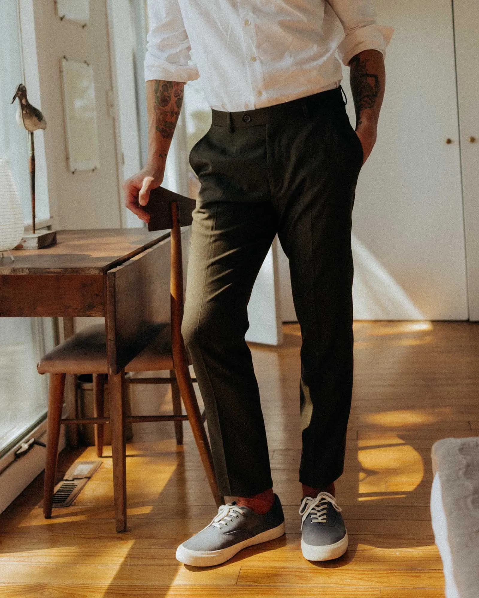 The Stevens Trouser in Black Olive Wool Flannel Sleek Appearance