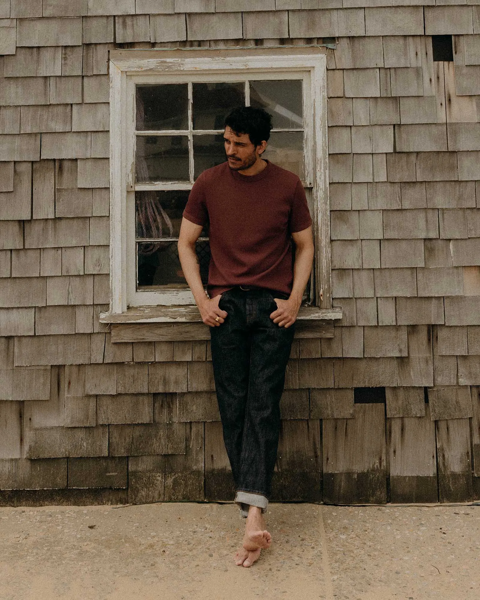 The Organic Cotton Short Sleeve Crew in Burgundy Waffle Chill Wear Breathable Cotton Fabric